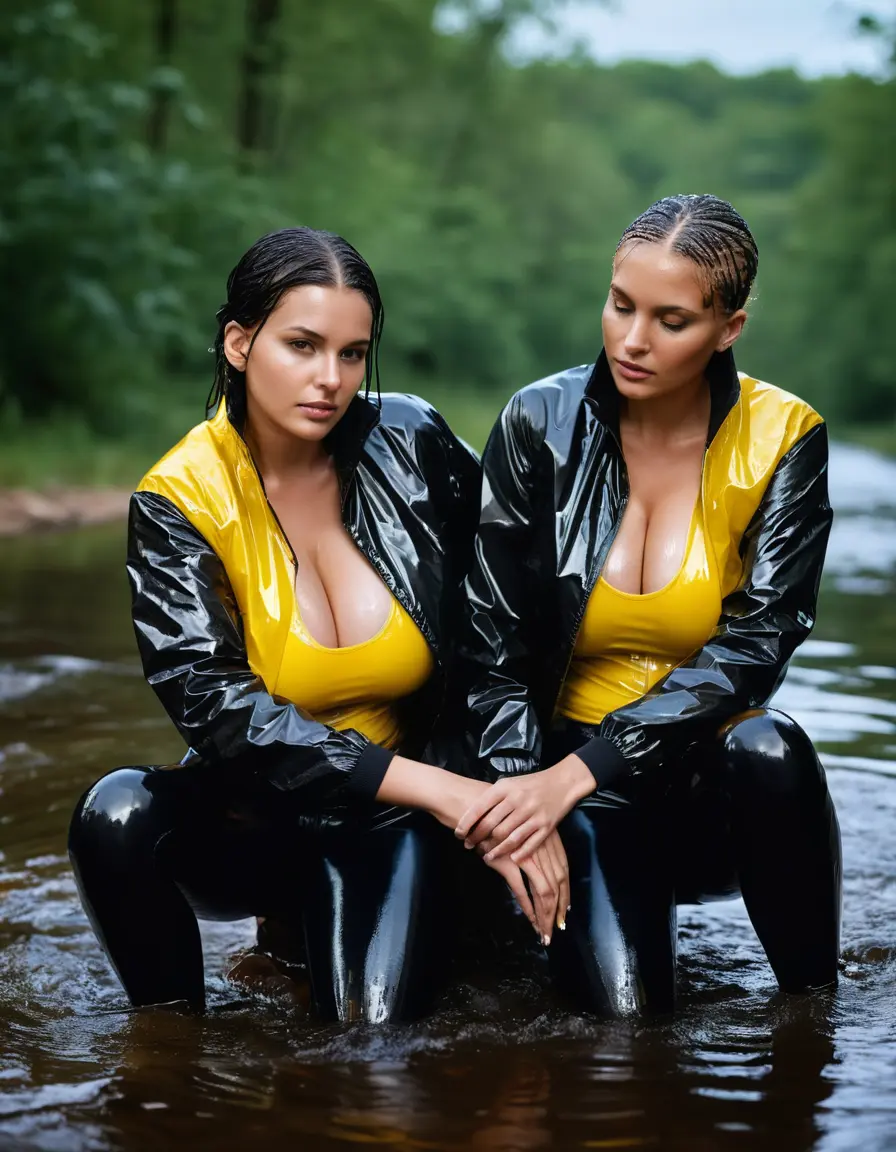photo of young woman, in soaking wet, drenched clothes,
high heels, leather leggings, yellow transparent t-shirt, black wet shiny pvc puffer jacket, two woman undressing each other, sitting in a forest river at night., 
enjoying, wet clothes stuck to body,
detailed textures of the wet clothes, wet face, wet plastered hair,
wet, drenched, professional, high-quality details, full body view.
sharp focus, ultra-high pixel detail, realistic, high-quality, full colors, incredibly detailed, 4k, 8k, 16k, hyper-realistic, RAW photo, masterpiece, ultra-detailed, professionally color graded, professional photograph, 65 years old fat black mature, big boobs