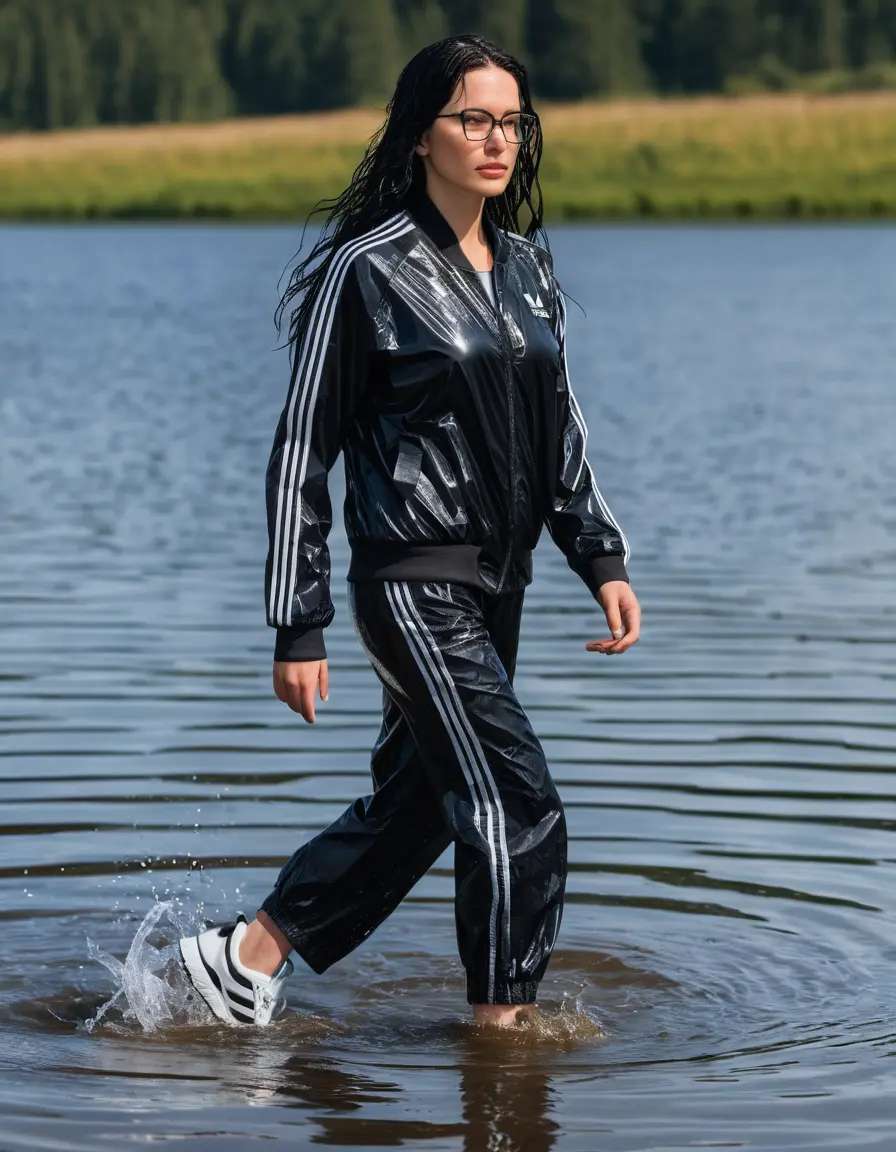 photo of young woman, in soaking wet, drenched clothes,
Sport shoes , long black nylon adidas trousers, black nylon adidas jacket with long sleeves, walking in Sunny Deep lake, 
enjoying, wet clothes stuck to body,
detailed textures of the wet clothes, wet face, wet plastered hair,
wet, drenched, professional, high-quality details, full body view.
sharp focus, ultra-high pixel detail, realistic, high-quality, full colors, incredibly detailed, 4k, 8k, 16k, hyper-realistic, RAW photo, masterpiece, ultra-detailed, professionally color graded, professional photograph, woman 51 years old, long black hair, very big and thick lips, office light glasses, complete body