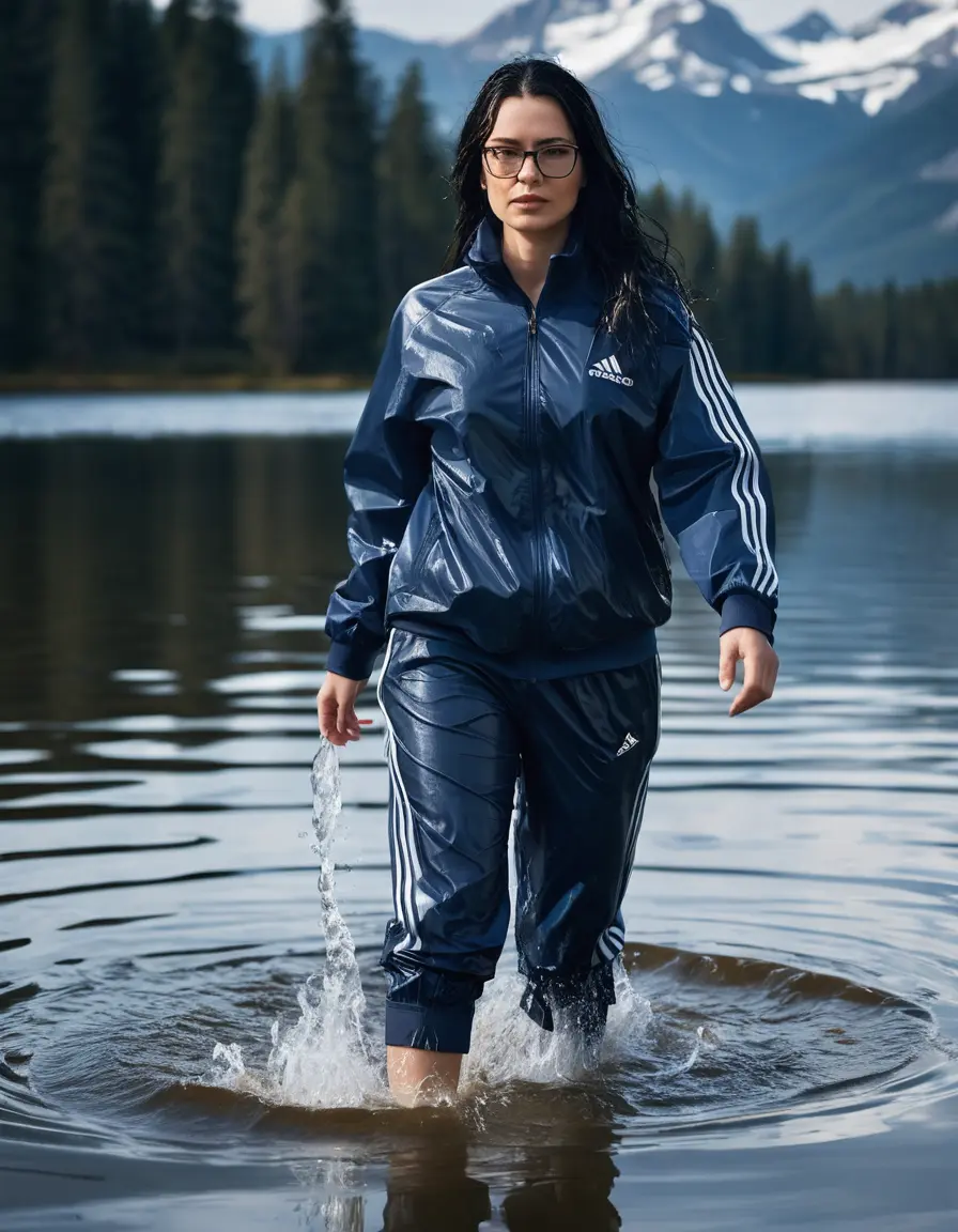 photo of young woman, in soaking wet, drenched clothes,
Sport shoes , long dark blue nylon adidas pants, dark blue nylon adidas jacket with long sleeves, walking in Sunny Deep lake, 
enjoying, wet clothes stuck to body,
detailed textures of the wet clothes, wet face, wet plastered hair,
wet, drenched, professional, high-quality details, full body view.
sharp focus, ultra-high pixel detail, realistic, high-quality, full colors, incredibly detailed, 4k, 8k, 16k, hyper-realistic, RAW photo, masterpiece, ultra-detailed, professionally color graded, professional photograph, woman 51 years old, long black hair, very big and thick lips, office light glasses, complete body, open mouth