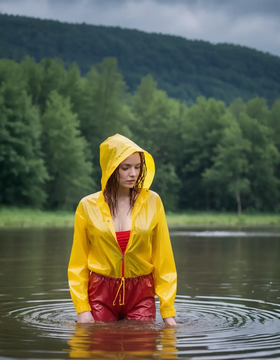photo of young woman, in soaking wet, drenched clothes,
yellow wellies, long red shiny nylon rainpants, yellow thin nylon top sideboobs over bare breasts, wading in the lake, 
enjoying, wet clothes stuck to body,
detailed textures of the wet clothes, wet face, wet plastered hair,
wet, drenched, professional, high-quality details, full body view.
sharp focus, ultra-high pixel detail, realistic, high-quality, full colors, incredibly detailed, 4k, 8k, 16k, hyper-realistic, RAW photo, masterpiece, ultra-detailed, professionally color graded, professional photograph
