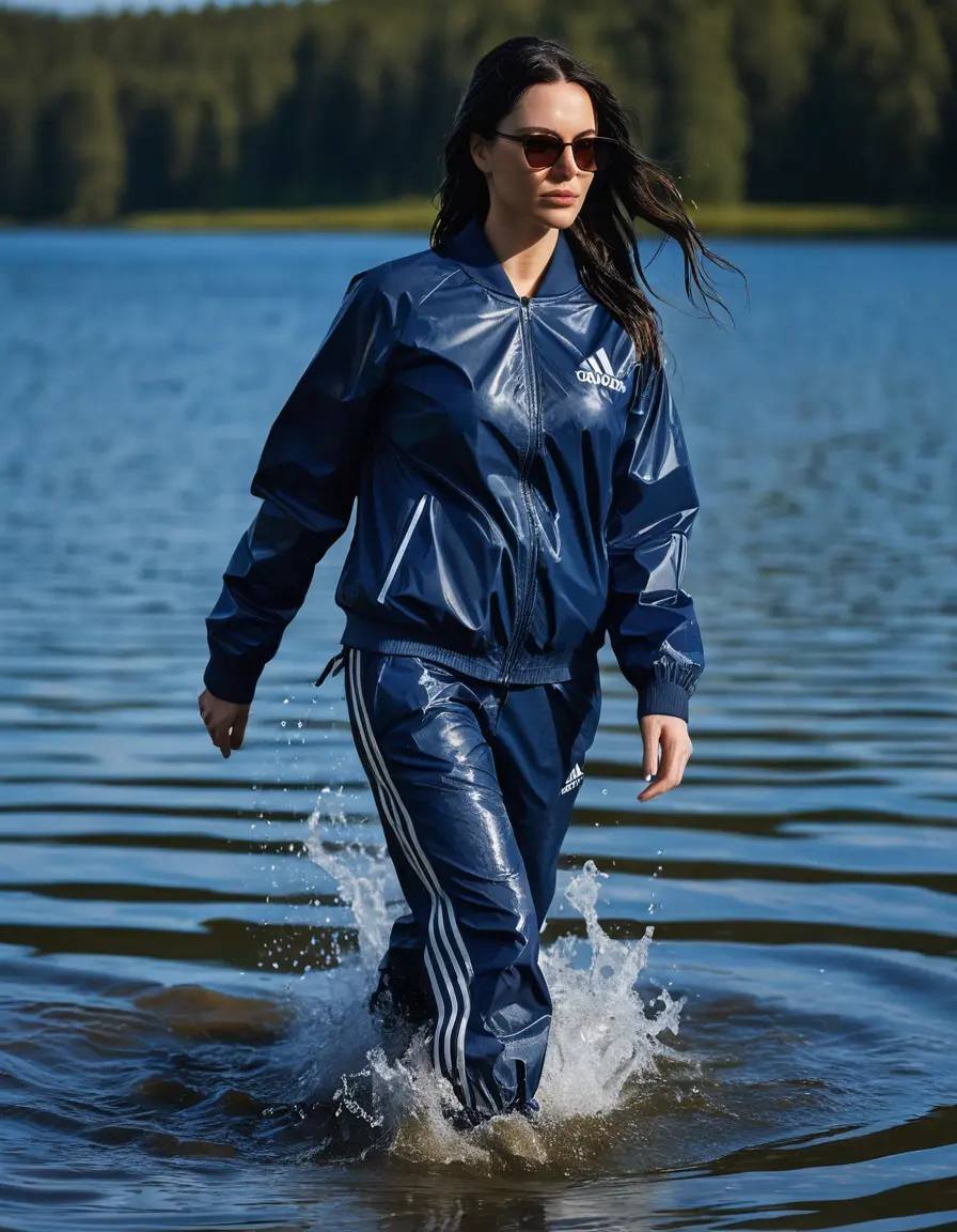 photo of young woman, in soaking wet, drenched clothes,
Sport shoes , long dark blue nylon adidas trousers, dark blue nylon adidas jacket with long sleeves, walking in Sunny Deep lake, 
enjoying, wet clothes stuck to body,
detailed textures of the wet clothes, wet face, wet plastered hair,
wet, drenched, professional, high-quality details, full body view.
sharp focus, ultra-high pixel detail, realistic, high-quality, full colors, incredibly detailed, 4k, 8k, 16k, hyper-realistic, RAW photo, masterpiece, ultra-detailed, professionally color graded, professional photograph, woman 51 years old, long black hair, very big and thick lips, office light glasses, complete body, open mouth