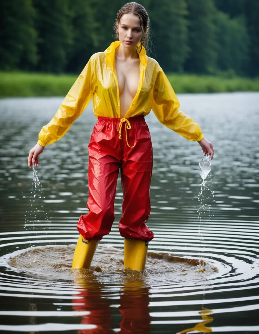 photo of young woman, in soaking wet, drenched clothes,
yellow wellies, long red shiny nylon rainpants, yellow thin nylon top sideboobs over bare breasts, wading in the lake, 
enjoying, wet clothes stuck to body,
detailed textures of the wet clothes, wet face, wet plastered hair,
wet, drenched, professional, high-quality details, full body view.
sharp focus, ultra-high pixel detail, realistic, high-quality, full colors, incredibly detailed, 4k, 8k, 16k, hyper-realistic, RAW photo, masterpiece, ultra-detailed, professionally color graded, professional photograph
