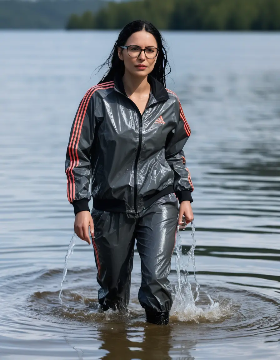 photo of young woman, in soaking wet, drenched clothes,
Sport shoes , long black nylon adidas trousers, gray nylon adidas jacket with long sleeves, walking in Sunny Deep lake, 
enjoying, wet clothes stuck to body,
detailed textures of the wet clothes, wet face, wet plastered hair,
wet, drenched, professional, high-quality details, full body view.
sharp focus, ultra-high pixel detail, realistic, high-quality, full colors, incredibly detailed, 4k, 8k, 16k, hyper-realistic, RAW photo, masterpiece, ultra-detailed, professionally color graded, professional photograph, woman 51 years old, long black hair, very big and thick lips, office glasses, complete body, open mouth