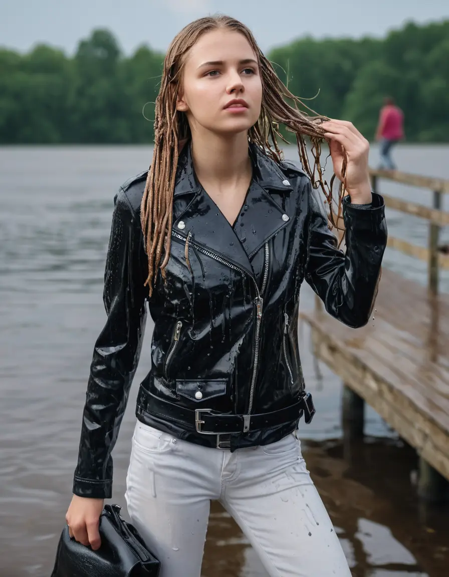 photo of young woman, in soaking wet, drenched clothes,
ankle boots, super skin tight white denim jeans, slim fit black biker leatherjacket,  tight sexy tshirt with wide necklace, handbag, pearl necklace, Fifteen years horny blonde teenage girl with her Friends holds her hand over her mouth and nose posing half submerged into water for a picture on a dock, 
enjoying, wet clothes stuck to body,
detailed textures of the wet clothes, wet face, wet plastered hair,
wet, drenched, professional, high-quality details, full body view.
sharp focus, ultra-high pixel detail, realistic, high-quality, full colors, incredibly detailed, 4k, 8k, 16k, hyper-realistic, RAW photo, masterpiece, ultra-detailed, professionally color graded, professional photograph, Fifteen years old, completely soaked, completely dripping wet from head to toe, very wet clothes, sleek long straight hair, worried and embarrassed facial expression, slight yawn, moaning,  all girls wear different styles of clothes, she takes her handbag with her into the water, a lot of people stands in the background, close-up, view from above, highly realistic representation, ultra sharp focus, highly photorealistic detailed facial features and expressions, highly photorealistic hands, highly best quality, highly sharp photorealistic image, highly photorealistic details, highest photorealistic wet clothes, full UHD resolution, highest photorealistic sharpness of the image, 32 K