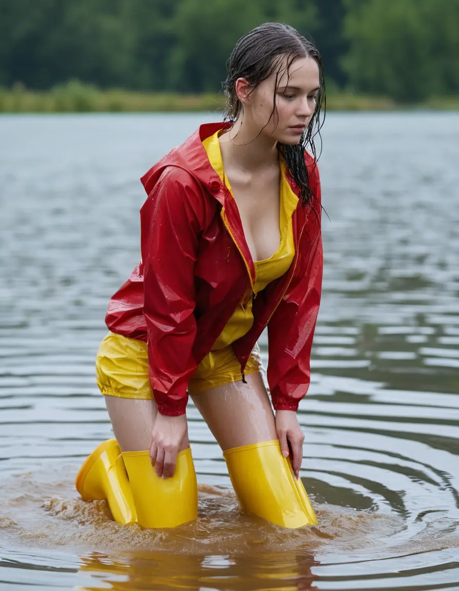 photo of young woman, in soaking wet, drenched clothes,
yellow wellies, long red shiny nylon rainpants, yellow thin nylon top sideboobs over bare breasts, wading in the lake, 
enjoying, wet clothes stuck to body,
detailed textures of the wet clothes, wet face, wet plastered hair,
wet, drenched, professional, high-quality details, full body view.
sharp focus, ultra-high pixel detail, realistic, high-quality, full colors, incredibly detailed, 4k, 8k, 16k, hyper-realistic, RAW photo, masterpiece, ultra-detailed, professionally color graded, professional photograph