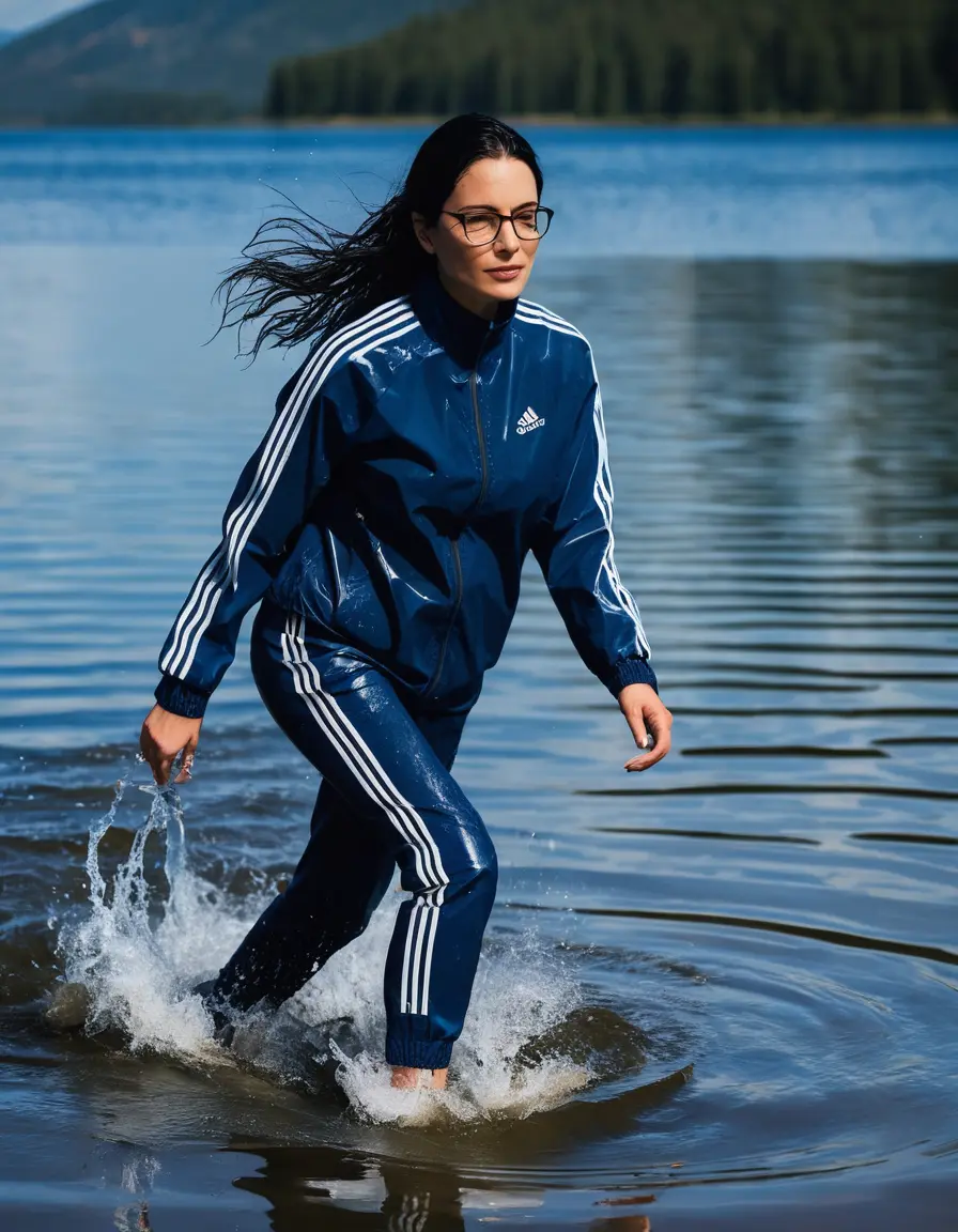 photo of young woman, in soaking wet, drenched clothes,
Sport shoes , long dark blue adidas trousers, dark blue adidas jacket with long sleeves, walking in Sunny Deep lake, 
enjoying, wet clothes stuck to body,
detailed textures of the wet clothes, wet face, wet plastered hair,
wet, drenched, professional, high-quality details, full body view.
sharp focus, ultra-high pixel detail, realistic, high-quality, full colors, incredibly detailed, 4k, 8k, 16k, hyper-realistic, RAW photo, masterpiece, ultra-detailed, professionally color graded, professional photograph, woman 51 years old, long black hair, very big and thick lips, office light glasses, complete body, open mouth
