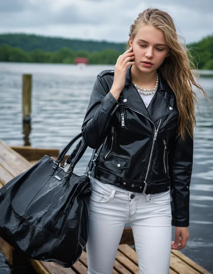 photo of young woman, in soaking wet, drenched clothes,
ankle boots, super skin tight white denim jeans, slim fit black biker leatherjacket,  tight sexy tshirt with wide necklace, handbag, pearl necklace, Fifteen years horny blonde teenage girl with her Friends holds her hand over her mouth and nose posing for a picture on a dock, 
enjoying, wet clothes stuck to body,
detailed textures of the wet clothes, wet face, wet plastered hair,
wet, drenched, professional, high-quality details, full body view.
sharp focus, ultra-high pixel detail, realistic, high-quality, full colors, incredibly detailed, 4k, 8k, 16k, hyper-realistic, RAW photo, masterpiece, ultra-detailed, professionally color graded, professional photograph, Fifteen years old, completely soaked, completely dripping wet from head to toe, very wet clothes, sleek long straight hair, worried and embarrassed facial expression, slight yawn, moaning,  all girls wear different styles of clothes, she takes her handbag with her in the water, a lot of people stands in the background, close-up, view from above, highly realistic representation, ultra sharp focus, highly photorealistic detailed facial features and expressions, highly photorealistic hands, highly best quality, highly sharp photorealistic image, highly photorealistic details, highest photorealistic wet clothes, full UHD resolution, highest photorealistic sharpness of the image, 32 K