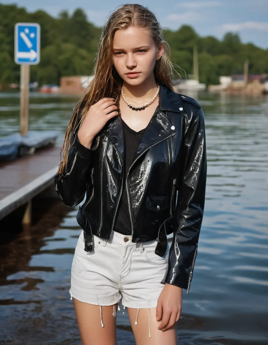 photo of young woman, in soaking wet, drenched clothes,
ankle boots, super skin tight white denim jeans, slim fit black biker leatherjacket,  tight sexy tshirt with wide necklace, handbag, pearl necklace, Fifteen years horny blonde teenage girl with her Friends holds her hand over her mouth and nose posing for a picture on a dock, 
enjoying, wet clothes stuck to body,
detailed textures of the wet clothes, wet face, wet plastered hair,
wet, drenched, professional, high-quality details, full body view.
sharp focus, ultra-high pixel detail, realistic, high-quality, full colors, incredibly detailed, 4k, 8k, 16k, hyper-realistic, RAW photo, masterpiece, ultra-detailed, professionally color graded, professional photograph, Fifteen years old, completely soaked, completely dripping wet from head to toe, very wet clothes, sleek long straight hair, worried and embarrassed facial expression, slight yawn, moaning,  all girls wear different styles of clothes, she takes her handbag with her in the water, a lot of people stands in the background, close-up, view from above, highly realistic representation, ultra sharp focus, highly photorealistic detailed facial features and expressions, highly photorealistic hands, highly best quality, highly sharp photorealistic image, highly photorealistic details, highest photorealistic wet clothes, full UHD resolution, highest photorealistic sharpness of the image, 32 K