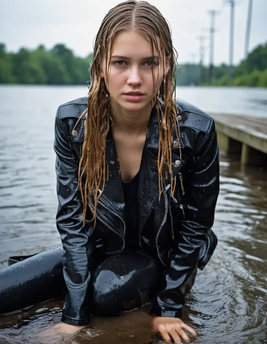 photo of young woman, in soaking wet, drenched clothes,
ankle boots, super skin tight white denim jeans, slim fit black biker leatherjacket,  tight sexy light pink tshirt with wide necklace, handbag, pearl necklace, Fifteen years horny blonde teenage girl with her Friends holds her hand over her mouth and nose posing half submerged into water for a picture on a dock, 
enjoying, wet clothes stuck to body,
detailed textures of the wet clothes, wet face, wet plastered hair,
wet, drenched, professional, high-quality details, full body view.
sharp focus, ultra-high pixel detail, realistic, high-quality, full colors, incredibly detailed, 4k, 8k, 16k, hyper-realistic, RAW photo, masterpiece, ultra-detailed, professionally color graded, professional photograph, Fifteen years old, completely soaked, completely dripping wet from head to toe, very wet clothes, sleek long straight hair, worried and embarrassed facial expression, slight yawn, moaning,  all girls wear different styles of clothes, she takes her handbag with her into the water, a lot of people stands in the background, close-up, view from above, highly realistic representation, ultra sharp focus, highly photorealistic detailed facial features and expressions, highly photorealistic hands, highly best quality, highly sharp photorealistic image, highly photorealistic details, highest photorealistic wet clothes, full UHD resolution, highest photorealistic sharpness of the image, 32 K