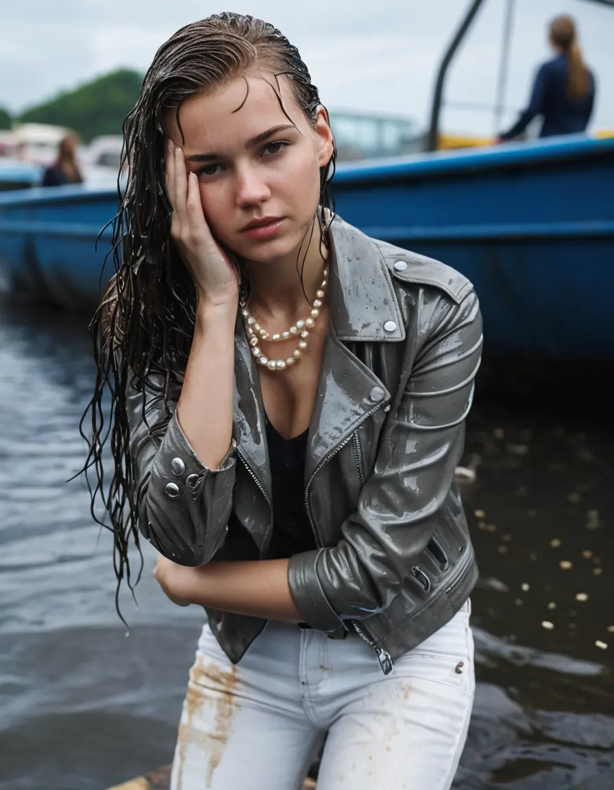 photo of young woman, in soaking wet, drenched clothes,
ankle boots, super skin tight white denim jeans, slim fit black biker leatherjacket,  tight sexy light pink tshirt with wide necklace, handbag, pearl necklace, Fifteen years horny blonde teenage girl with her Friends holds her hand over her mouth and nose posing half submerged into water for a picture on a dock, 
enjoying, wet clothes stuck to body,
detailed textures of the wet clothes, wet face, wet plastered hair,
wet, drenched, professional, high-quality details, full body view.
sharp focus, ultra-high pixel detail, realistic, high-quality, full colors, incredibly detailed, 4k, 8k, 16k, hyper-realistic, RAW photo, masterpiece, ultra-detailed, professionally color graded, professional photograph, Fifteen years old, completely soaked, completely dripping wet from head to toe, very wet clothes, sleek long straight hair, worried and embarrassed facial expression, slight yawn, moaning,  all girls wear different styles of clothes, she takes her handbag with her into the water, a lot of people stands in the background, close-up, view from above, highly realistic representation, ultra sharp focus, highly photorealistic detailed facial features and expressions, highly photorealistic hands, highly best quality, highly sharp photorealistic image, highly photorealistic details, highest photorealistic wet clothes, full UHD resolution, highest photorealistic sharpness of the image, 32 K