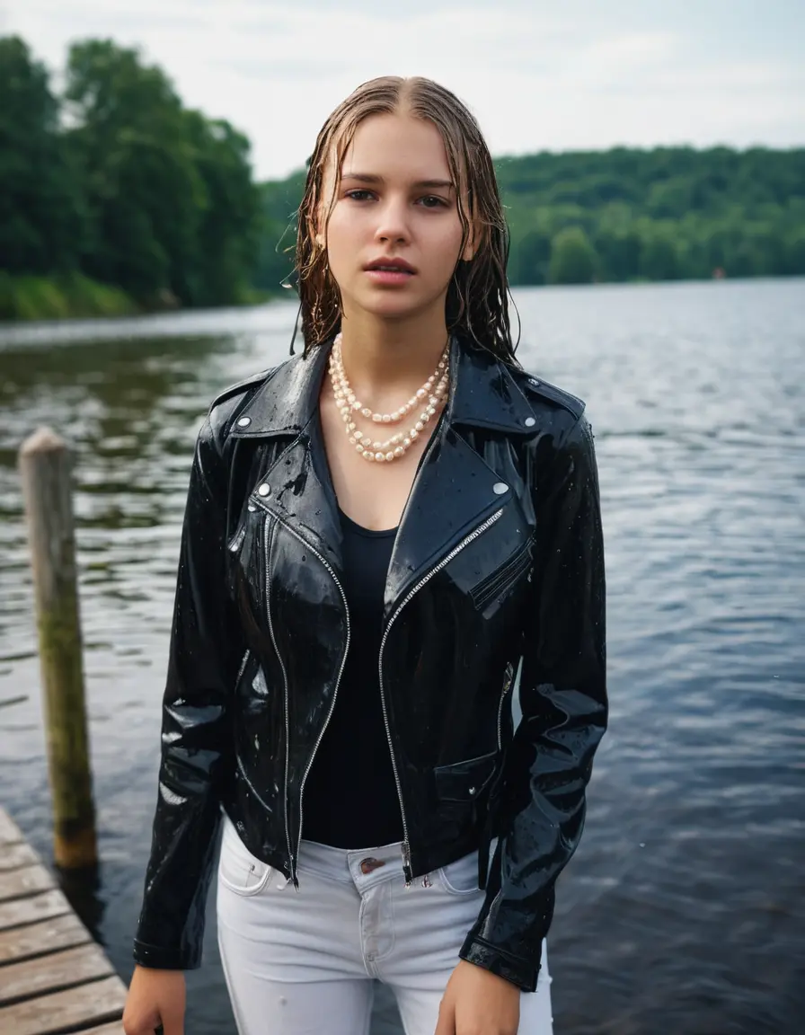 photo of young woman, in soaking wet, drenched clothes,
ankle boots, super skin tight white denim jeans, slim fit black biker leatherjacket,  tight sexy tshirt with wide necklace, handbag, pearl necklace, Fifteen years horny blonde teenage girl with her Friends holds her hand over her mouth and nose posing submerged for a picture on a dock, 
enjoying, wet clothes stuck to body,
detailed textures of the wet clothes, wet face, wet plastered hair,
wet, drenched, professional, high-quality details, full body view.
sharp focus, ultra-high pixel detail, realistic, high-quality, full colors, incredibly detailed, 4k, 8k, 16k, hyper-realistic, RAW photo, masterpiece, ultra-detailed, professionally color graded, professional photograph, Fifteen years old, completely soaked, completely dripping wet from head to toe, very wet clothes, sleek long straight hair, worried and embarrassed facial expression, slight yawn, moaning,  all girls wear different styles of clothes, she takes her handbag with her into the water, a lot of people stands in the background, close-up, view from above, highly realistic representation, ultra sharp focus, highly photorealistic detailed facial features and expressions, highly photorealistic hands, highly best quality, highly sharp photorealistic image, highly photorealistic details, highest photorealistic wet clothes, full UHD resolution, highest photorealistic sharpness of the image, 32 K