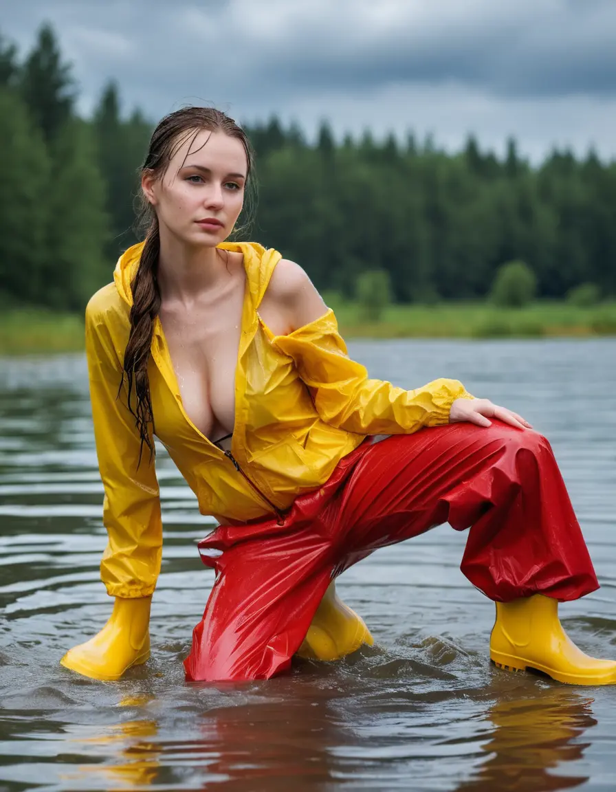photo of young woman, in soaking wet, drenched clothes,
yellow wellies, long red shiny nylon rainpants, yellow thin nylon top sideboobs over bare breasts, wading in the lake, 
enjoying, wet clothes stuck to body,
detailed textures of the wet clothes, wet face, wet plastered hair,
wet, drenched, professional, high-quality details, full body view.
sharp focus, ultra-high pixel detail, realistic, high-quality, full colors, incredibly detailed, 4k, 8k, 16k, hyper-realistic, RAW photo, masterpiece, ultra-detailed, professionally color graded, professional photograph