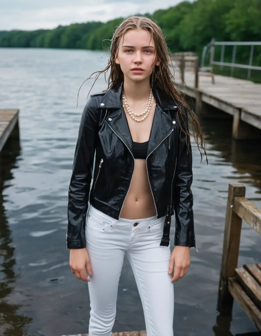 photo of young woman, in soaking wet, drenched clothes,
ankle boots, super skin tight white denim jeans, slim fit black biker leatherjacket,  tight sexy tshirt with wide necklace, handbag, pearl necklace, Fifteen years horny blonde teenage girl with her Friends holds her hand over her mouth and nose posing half submerged into water for a picture on a dock, 
enjoying, wet clothes stuck to body,
detailed textures of the wet clothes, wet face, wet plastered hair,
wet, drenched, professional, high-quality details, full body view.
sharp focus, ultra-high pixel detail, realistic, high-quality, full colors, incredibly detailed, 4k, 8k, 16k, hyper-realistic, RAW photo, masterpiece, ultra-detailed, professionally color graded, professional photograph, Fifteen years old, completely soaked, completely dripping wet from head to toe, very wet clothes, sleek long straight hair, worried and embarrassed facial expression, slight yawn, moaning,  all girls wear different styles of clothes, she takes her handbag with her into the water, a lot of people stands in the background, close-up, view from above, highly realistic representation, ultra sharp focus, highly photorealistic detailed facial features and expressions, highly photorealistic hands, highly best quality, highly sharp photorealistic image, highly photorealistic details, highest photorealistic wet clothes, full UHD resolution, highest photorealistic sharpness of the image, 32 K