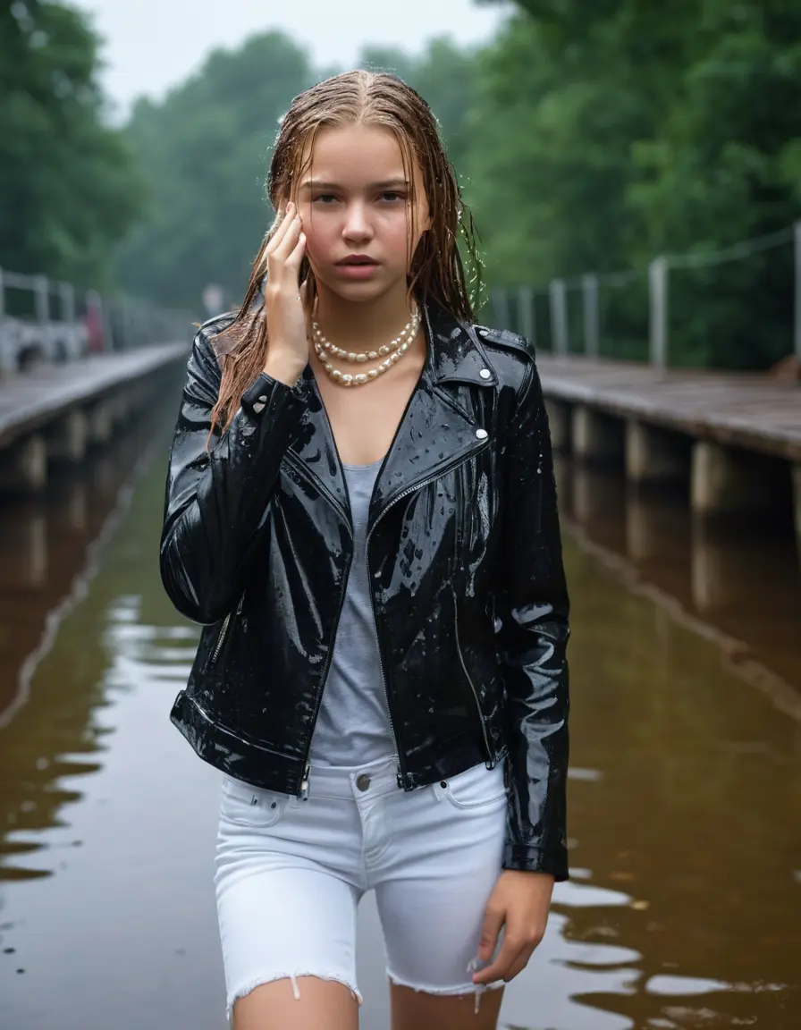 photo of young woman, in soaking wet, drenched clothes,
ankle boots, super skin tight white denim jeans, slim fit black biker leatherjacket,  tight sexy tshirt with wide necklace, handbag, pearl necklace, Fifteen years horny blonde teenage girl with her Friends holds her hand over her mouth and nose posing submerged for a picture on a dock, 
enjoying, wet clothes stuck to body,
detailed textures of the wet clothes, wet face, wet plastered hair,
wet, drenched, professional, high-quality details, full body view.
sharp focus, ultra-high pixel detail, realistic, high-quality, full colors, incredibly detailed, 4k, 8k, 16k, hyper-realistic, RAW photo, masterpiece, ultra-detailed, professionally color graded, professional photograph, Fifteen years old, completely soaked, completely dripping wet from head to toe, very wet clothes, sleek long straight hair, worried and embarrassed facial expression, slight yawn, moaning,  all girls wear different styles of clothes, she takes her handbag with her into the water, a lot of people stands in the background, close-up, view from above, highly realistic representation, ultra sharp focus, highly photorealistic detailed facial features and expressions, highly photorealistic hands, highly best quality, highly sharp photorealistic image, highly photorealistic details, highest photorealistic wet clothes, full UHD resolution, highest photorealistic sharpness of the image, 32 K