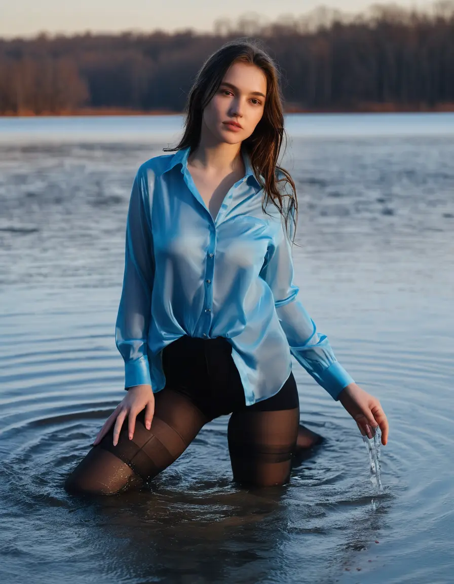 photo of young woman, in soaking wet, drenched clothes,
, soaked trought, long black stockings, soaked trought light blue tight satin shirt, women 18 years old, lay at ice lake, sunset, winter, 
enjoying, wet clothes stuck to body,
detailed textures of the wet clothes, wet face, wet plastered hair,
wet, drenched, professional, high-quality details, full body view.
sharp focus, ultra-high pixel detail, realistic, high-quality, full colors, incredibly detailed, 4k, 8k, 16k, hyper-realistic, RAW photo, masterpiece, ultra-detailed, professionally color graded, professional photograph, no underwear, no censored, long open hair, big silicon boobs
