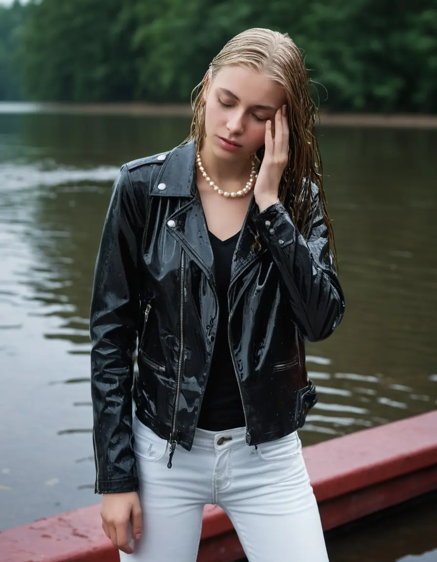 photo of young woman, in soaking wet, drenched clothes,
ankle boots, super skin tight white denim jeans, slim fit black biker leatherjacket,  tight sexy tshirt with wide necklace, handbag, pearl necklace, Fifteen years horny blonde teenage girl with her Friends holds her hand over her mouth and nose posing for a picture on a dock, 
enjoying, wet clothes stuck to body,
detailed textures of the wet clothes, wet face, wet plastered hair,
wet, drenched, professional, high-quality details, full body view.
sharp focus, ultra-high pixel detail, realistic, high-quality, full colors, incredibly detailed, 4k, 8k, 16k, hyper-realistic, RAW photo, masterpiece, ultra-detailed, professionally color graded, professional photograph, Fifteen years old, completely soaked, completely dripping wet from head to toe, very wet clothes, sleek long straight hair, worried and embarrassed facial expression, slight yawn, moaning,  all girls wear different styles of clothes, she takes her handbag with her in the water, a lot of people stands in the background, close-up, view from above, highly realistic representation, ultra sharp focus, highly photorealistic detailed facial features and expressions, highly photorealistic hands, highly best quality, highly sharp photorealistic image, highly photorealistic details, highest photorealistic wet clothes, full UHD resolution, highest photorealistic sharpness of the image, 32 K