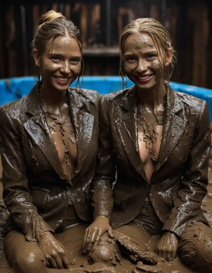 photo of young woman, in soaking wet, drenched clothes,
Muddy high heels, Long very muddy suit pants, Full muddy ruined fully-opened blazer like a fancy uniform over topless with large cleavage and exposed big boobs., Muddy party in a dark muddy indoor disco club. Mud splashed walls, very dark mood lighting with pink and blue neon lights. Muddy furnitures and mud-covered chairs and sofas in the background., 
enjoying, wet clothes stuck to body,
detailed textures of the wet clothes, wet face, wet plastered hair,
wet, drenched, professional, high-quality details, full body view.
sharp focus, ultra-high pixel detail, realistic, high-quality, full colors, incredibly detailed, 4k, 8k, 16k, hyper-realistic, RAW photo, masterpiece, ultra-detailed, professionally color graded, professional photograph, Two young pretty cute innocent blonde teen 16 years old beautiful girls are sitting submerged in a deep muddy hot tub after a full dip in it while they are hugging each other. They are wearing their fully and heavily mud-covered opened suits. Thick mud on their blazers. Every small details of the clothes are muddy, but their faces, their chests and their boobs are clean for the photo. Their blazer has the same colour as their muddy pants. They are proudly wearing their expensive open blazers. The classy elegant disco club is totally destroyed by mud, mud spots everywhere, mud flows down on the walls. Straight very long open wavy hairstyle, muddy hair, smiling and beautiful clean faces, blue eyes, earrings, lipstick. The girls are enjoying to being total muddy innthe muddy hot tub, being sexy, naughty while they are enjoying the muddy fetish party. Realistic boobs and photorealistic detailed smiling facial expressions. Intimate close-up picture about the women from above. Close-up photo, highly realistic representation, ultra sharp focus, highly photorealistic detailed textures, highly photorealistic detailed facial features and expressions, highly photorealistic hands, highly emotional reactions, highly best quality, highly sharp photorealistic image, highly photorealistic details, full UHD resolution, 32 K, very high level of detail and image sharpness, zoomed in