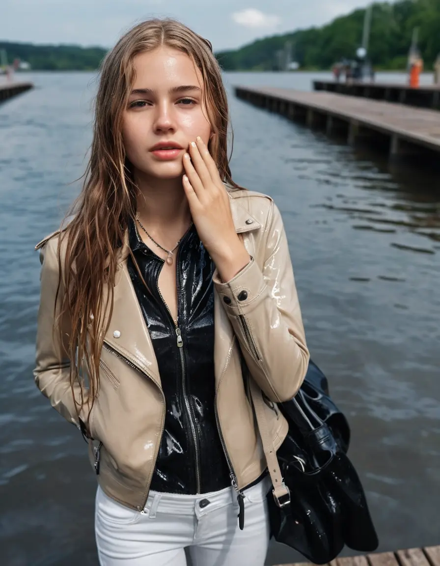 photo of young woman, in soaking wet, drenched clothes,
ankle boots, super skin tight white denim jeans, slim fit black biker leatherjacket,  tight sexy tshirt with wide necklace, handbag, pearl necklace, Fifteen years horny blonde teenage girl with her Friends holds her hand over her mouth and nose posing for a picture on a dock, 
enjoying, wet clothes stuck to body,
detailed textures of the wet clothes, wet face, wet plastered hair,
wet, drenched, professional, high-quality details, full body view.
sharp focus, ultra-high pixel detail, realistic, high-quality, full colors, incredibly detailed, 4k, 8k, 16k, hyper-realistic, RAW photo, masterpiece, ultra-detailed, professionally color graded, professional photograph, Fifteen years old, completely soaked, completely dripping wet from head to toe, very wet clothes, sleek long straight hair, worried and embarrassed facial expression, slight yawn, moaning,  all girls wear different styles of clothes, she takes her handbag with her into the water, a lot of people stands in the background, close-up, view from above, highly realistic representation, ultra sharp focus, highly photorealistic detailed facial features and expressions, highly photorealistic hands, highly best quality, highly sharp photorealistic image, highly photorealistic details, highest photorealistic wet clothes, full UHD resolution, highest photorealistic sharpness of the image, 32 K