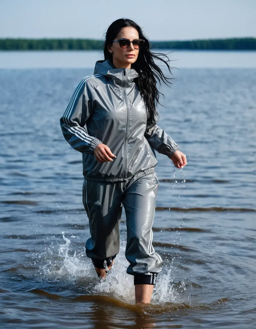 photo of young woman, in soaking wet, drenched clothes,
Sport shoes , long gray nylon adidas trousers, gray nylon adidas jacket with long sleeves, walking in Sunny Deep lake, 
enjoying, wet clothes stuck to body,
detailed textures of the wet clothes, wet face, wet plastered hair,
wet, drenched, professional, high-quality details, full body view.
sharp focus, ultra-high pixel detail, realistic, high-quality, full colors, incredibly detailed, 4k, 8k, 16k, hyper-realistic, RAW photo, masterpiece, ultra-detailed, professionally color graded, professional photograph, woman 51 years old, long black hair, very big and thick lips, office light glasses, complete body, open mouth