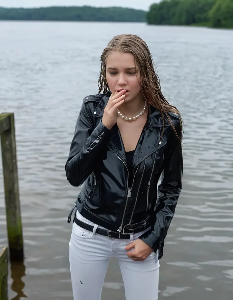 photo of young woman, in soaking wet, drenched clothes,
ankle boots, super skin tight white denim jeans, slim fit black biker leatherjacket,  tight sexy tshirt with wide necklace, handbag, pearl necklace, Fifteen years horny blonde teenage girl with her Friends holds her hand over her mouth and nose posing submerged for a picture on a dock, 
enjoying, wet clothes stuck to body,
detailed textures of the wet clothes, wet face, wet plastered hair,
wet, drenched, professional, high-quality details, full body view.
sharp focus, ultra-high pixel detail, realistic, high-quality, full colors, incredibly detailed, 4k, 8k, 16k, hyper-realistic, RAW photo, masterpiece, ultra-detailed, professionally color graded, professional photograph, Fifteen years old, completely soaked, completely dripping wet from head to toe, very wet clothes, sleek long straight hair, worried and embarrassed facial expression, slight yawn, moaning,  all girls wear different styles of clothes, she takes her handbag with her into the water, a lot of people stands in the background, close-up, view from above, highly realistic representation, ultra sharp focus, highly photorealistic detailed facial features and expressions, highly photorealistic hands, highly best quality, highly sharp photorealistic image, highly photorealistic details, highest photorealistic wet clothes, full UHD resolution, highest photorealistic sharpness of the image, 32 K