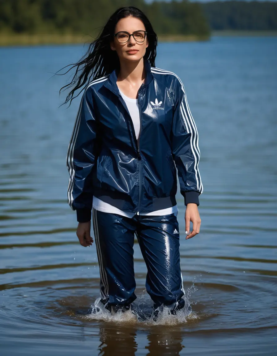 photo of young woman, in soaking wet, drenched clothes,
Sport shoes , long dark blue nylon adidas trousers, dark blue nylon adidas jacket with long sleeves, walking in Sunny Deep lake, 
enjoying, wet clothes stuck to body,
detailed textures of the wet clothes, wet face, wet plastered hair,
wet, drenched, professional, high-quality details, full body view.
sharp focus, ultra-high pixel detail, realistic, high-quality, full colors, incredibly detailed, 4k, 8k, 16k, hyper-realistic, RAW photo, masterpiece, ultra-detailed, professionally color graded, professional photograph, woman 51 years old, long black hair, very big and thick lips, office light glasses, complete body, open mouth