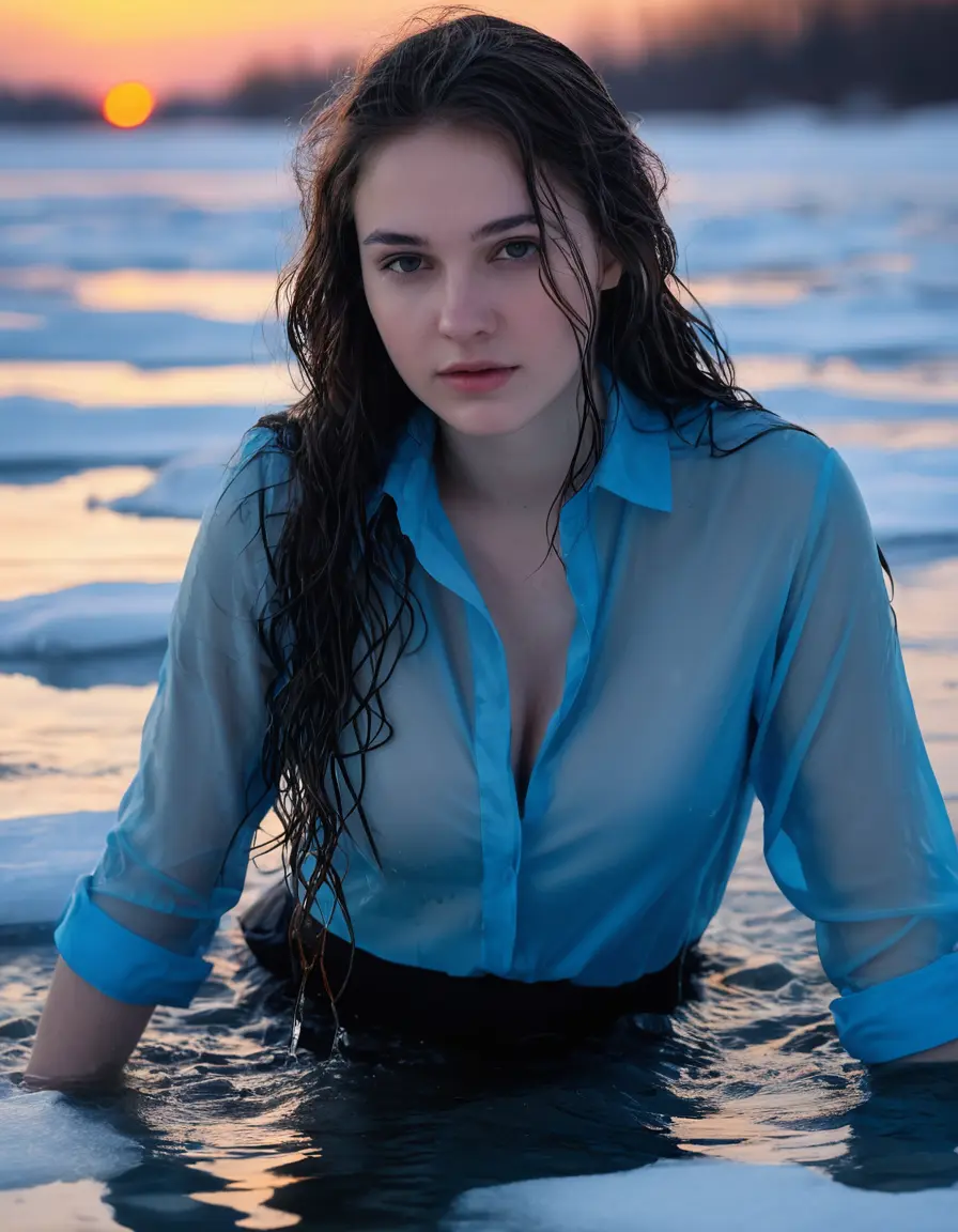 photo of young woman, in soaking wet, drenched clothes,
, soaked trought, long black nylons, soaked trought light blue tight satin shirt, women 18 years old, lay at ice lake, sunset, winter, 
enjoying, wet clothes stuck to body,
detailed textures of the wet clothes, wet face, wet plastered hair,
wet, drenched, professional, high-quality details, full body view.
sharp focus, ultra-high pixel detail, realistic, high-quality, full colors, incredibly detailed, 4k, 8k, 16k, hyper-realistic, RAW photo, masterpiece, ultra-detailed, professionally color graded, professional photograph, no underwear, no censored, long open hair, big silicon boobs