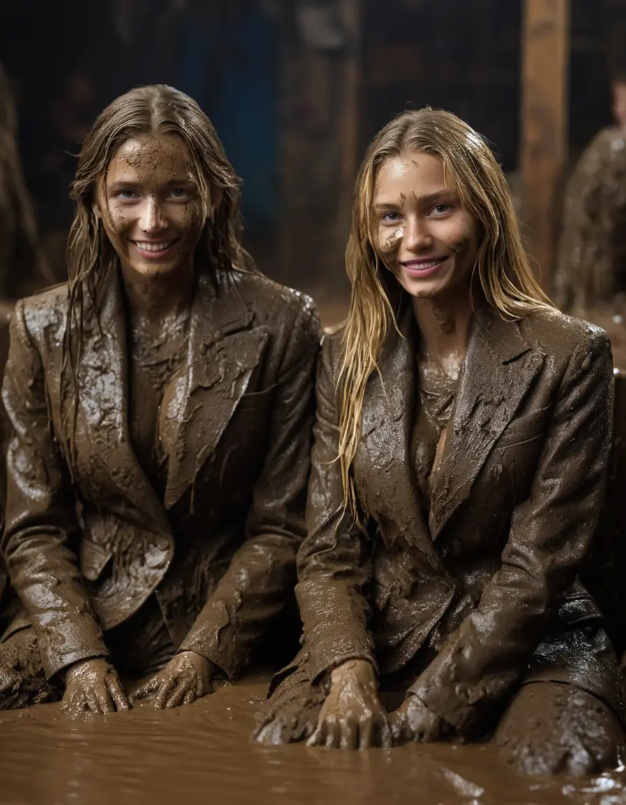 photo of young woman, in soaking wet, drenched clothes,
Muddy high heels, Long very muddy suit pants, Full muddy ruined fully-opened blazer like a fancy uniform over topless with too large cleavage and exposed big boobs., Muddy party in a dark muddy indoor disco club. Mud splashed walls, very dark mood lighting with pink and blue neon lights. Muddy furnitures and mud-covered chairs and sofas in the background., 
enjoying, wet clothes stuck to body,
detailed textures of the wet clothes, wet face, wet plastered hair,
wet, drenched, professional, high-quality details, full body view.
sharp focus, ultra-high pixel detail, realistic, high-quality, full colors, incredibly detailed, 4k, 8k, 16k, hyper-realistic, RAW photo, masterpiece, ultra-detailed, professionally color graded, professional photograph, Two young pretty cute innocent blonde teen 16 years old beautiful girls are sitting submerged in a deep muddy hot tub after a full dip in it while they are hugging each other. They are wearing their fully and heavily mud-covered opened suits with too large and wide cleavages. Thick mud on their blazers. Every small details of the clothes are muddy, muddy faces, muddy chests and boobs. Their blazer has the same colour as their muddy pants. They are proudly wearing their expensive open blazers and flaunting their large cleavages. The classy elegant disco club is totally destroyed by mud, mud spots everywhere, mud flows down on the walls, mud on the furnitures in the background. Straight very long open wavy hairstyle, muddy hair, smiling and beautiful muddy faces, blue eyes, earrings, lipstick. The girls are enjoying to being total muddy in the muddy hot tub, being sexy, naughty while they are enjoying the muddy fetish party. Realistic muddy boobs and photorealistic detailed smiling facial expressions. Intimate close-up picture about the girls. Close-up photo, highly realistic representation, ultra sharp focus, highly photorealistic detailed textures, highly photorealistic detailed facial features and expressions, highly photorealistic hands, highly emotional reactions, highly best quality, highly sharp photorealistic image, highly photorealistic details, full UHD resolution, 32 K, very high level of detail and image sharpness, zoomed in
