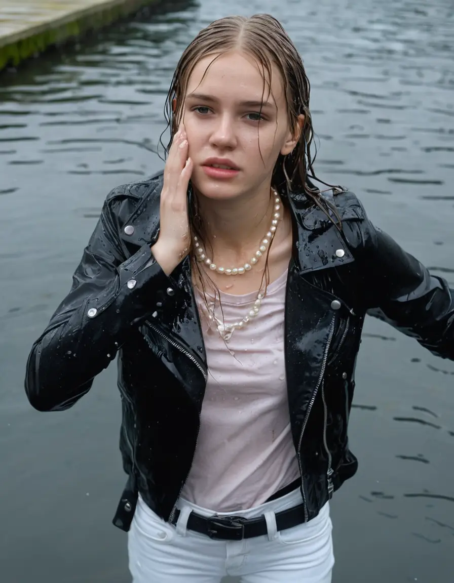 photo of young woman, in soaking wet, drenched clothes,
ankle boots, super skin tight white denim jeans, slim fit black biker leatherjacket,  tight sexy light pink tshirt with wide necklace, handbag, pearl necklace, Fifteen years horny blonde teenage girl with her Friends holds her hand over her mouth and nose posing half submerged into water for a picture on a dock, 
enjoying, wet clothes stuck to body,
detailed textures of the wet clothes, wet face, wet plastered hair,
wet, drenched, professional, high-quality details, full body view.
sharp focus, ultra-high pixel detail, realistic, high-quality, full colors, incredibly detailed, 4k, 8k, 16k, hyper-realistic, RAW photo, masterpiece, ultra-detailed, professionally color graded, professional photograph, Fifteen years old, completely soaked, completely dripping wet from head to toe, very wet clothes, sleek long straight hair, worried and embarrassed facial expression, slight yawn, moaning,  all girls wear different styles of clothes, she takes her handbag with her into the water, a lot of people stands in the background, close-up, view from above, highly realistic representation, ultra sharp focus, highly photorealistic detailed facial features and expressions, highly photorealistic hands, highly best quality, highly sharp photorealistic image, highly photorealistic details, highest photorealistic wet clothes, full UHD resolution, highest photorealistic sharpness of the image, 32 K