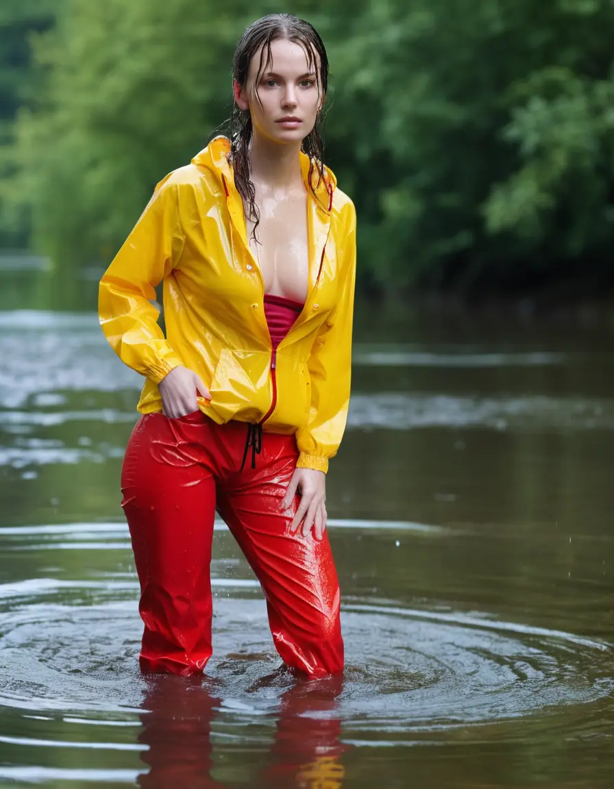 photo of young woman, in soaking wet, drenched clothes,
yellow wellies, long red shiny nylon rainpants, yellow thin nylon top sideboobs over bare breasts, wading in the lake, 
enjoying, wet clothes stuck to body,
detailed textures of the wet clothes, wet face, wet plastered hair,
wet, drenched, professional, high-quality details, full body view.
sharp focus, ultra-high pixel detail, realistic, high-quality, full colors, incredibly detailed, 4k, 8k, 16k, hyper-realistic, RAW photo, masterpiece, ultra-detailed, professionally color graded, professional photograph