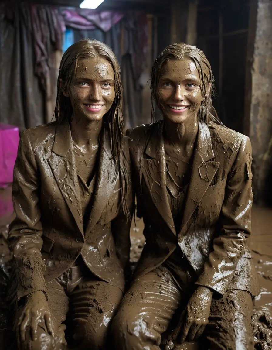 photo of young woman, in soaking wet, drenched clothes,
Muddy high heels, Long very muddy suit pants, Full muddy ruined fully-opened blazer like a fancy uniform over topless with exposed clean big boobs., Muddy party in a dark muddy indoor club. Mud splashed walls with mud-flooded floor. Dark mood lighting with pink and blue neon lights. Muddy furnitures and mud-covered chairs and sofas in the background., 
enjoying, wet clothes stuck to body,
detailed textures of the wet clothes, wet face, wet plastered hair,
wet, drenched, professional, high-quality details, full body view.
sharp focus, ultra-high pixel detail, realistic, high-quality, full colors, incredibly detailed, 4k, 8k, 16k, hyper-realistic, RAW photo, masterpiece, ultra-detailed, professionally color graded, professional photograph, Two young pretty cute innocent blonde teen 12 years old girls are sitting in a deep muddy pool while they are hugging each other. They are wearing their fully and heavily mud-covered opened suits. Thick mud on their blazers. Every small details of the clothes are muddy, but their faces, their chests and their boobs are clean for the photo. Their blazer has the same colour as their muddy pants. They are proudly wearing their expensive open blazers. The classy elegant room is totally destroyed by mud, deep liquid mud on the bed, on the floor, mud spots everywhere, mud flows down on the walls, muddy pillows, muddy bedsheets. Straight very long open wavy hairstyle, muddy hair, smiling and beautiful clean faces, blue eyes, earrings, lipstick. The girls are enjoying to being total muddy on the bed, being sexy, naughty while they are enjoying the muddy fetish party. Realistic boobs and photorealistic detailed smiling facial expressions. Intimate close-up picture about the women from above. Close-up photo, highly realistic representation, ultra sharp focus, highly photorealistic detailed textures, highly photorealistic detailed facial features and expressions, highly photorealistic hands, highly emotional reactions, highly best quality, highly sharp photorealistic image, highly photorealistic details, full UHD resolution, 32 K, very high level of detail and image sharpness, zoomed in