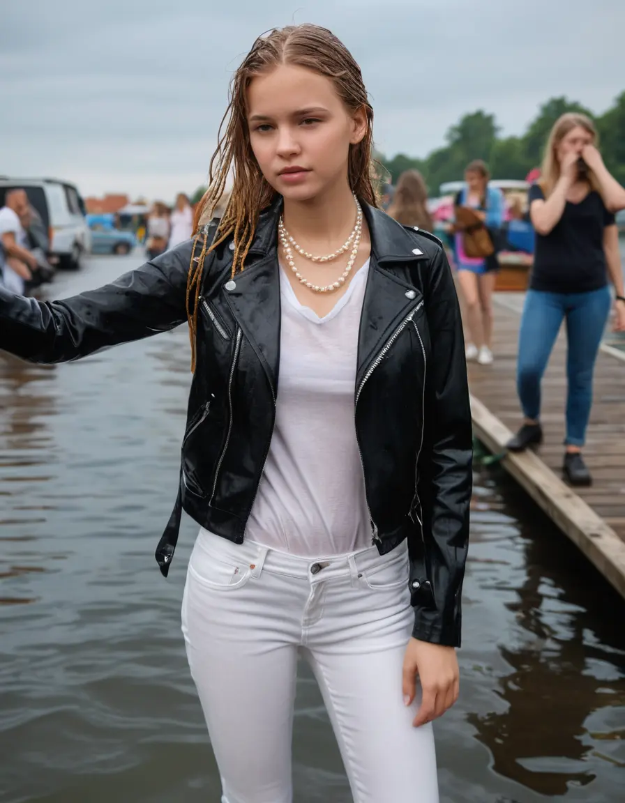 photo of young woman, in soaking wet, drenched clothes,
ankle boots, super skin tight white denim jeans, slim fit black biker leatherjacket,  tight sexy tshirt with wide necklace, handbag, pearl necklace, Fifteen years horny blonde teenage girl with her Friends holds her hand over her mouth and nose posing for a picture on a dock, 
enjoying, wet clothes stuck to body,
detailed textures of the wet clothes, wet face, wet plastered hair,
wet, drenched, professional, high-quality details, full body view.
sharp focus, ultra-high pixel detail, realistic, high-quality, full colors, incredibly detailed, 4k, 8k, 16k, hyper-realistic, RAW photo, masterpiece, ultra-detailed, professionally color graded, professional photograph, Fifteen years old, completely soaked, completely dripping wet from head to toe, very wet clothes, sleek long straight hair, worried and embarrassed facial expression, slight yawn, moaning,  all girls wear different styles of clothes, she takes her handbag with her into the water, a lot of people stands in the background, close-up, view from above, highly realistic representation, ultra sharp focus, highly photorealistic detailed facial features and expressions, highly photorealistic hands, highly best quality, highly sharp photorealistic image, highly photorealistic details, highest photorealistic wet clothes, full UHD resolution, highest photorealistic sharpness of the image, 32 K