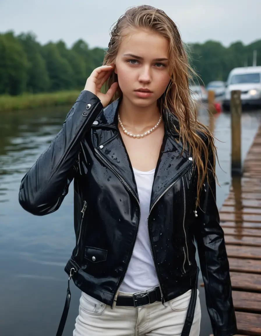 photo of young woman, in soaking wet, drenched clothes,
ankle boots, super skin tight white denim jeans, slim fit black biker leatherjacket,  tight sexy tshirt with wide necklace, handbag, pearl necklace, Fifteen years horny blonde teenage girl with her Friends holds her hand over her mouth and nose posing for a picture on a dock, 
enjoying, wet clothes stuck to body,
detailed textures of the wet clothes, wet face, wet plastered hair,
wet, drenched, professional, high-quality details, full body view.
sharp focus, ultra-high pixel detail, realistic, high-quality, full colors, incredibly detailed, 4k, 8k, 16k, hyper-realistic, RAW photo, masterpiece, ultra-detailed, professionally color graded, professional photograph, Fifteen years old, completely soaked, completely dripping wet from head to toe, very wet clothes, sleek long straight hair, worried and embarrassed facial expression, slight yawn, moaning,  all girls wear different styles of clothes, she takes her handbag with her in the water, a lot of people stands in the background, close-up, view from above, highly realistic representation, ultra sharp focus, highly photorealistic detailed facial features and expressions, highly photorealistic hands, highly best quality, highly sharp photorealistic image, highly photorealistic details, highest photorealistic wet clothes, full UHD resolution, highest photorealistic sharpness of the image, 32 K