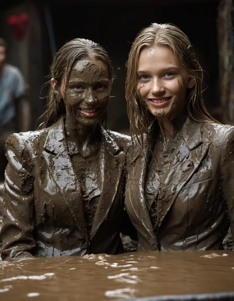 photo of young woman, in soaking wet, drenched clothes,
Muddy high heels, Long very muddy suit pants, Full muddy ruined fully-opened blazer like a fancy uniform over topless with too large cleavage and exposed big boobs., Muddy party in a dark muddy indoor disco club. Mud splashed walls, very dark mood lighting with pink and blue neon lights. Muddy furnitures and mud-covered chairs and sofas in the background., 
enjoying, wet clothes stuck to body,
detailed textures of the wet clothes, wet face, wet plastered hair,
wet, drenched, professional, high-quality details, full body view.
sharp focus, ultra-high pixel detail, realistic, high-quality, full colors, incredibly detailed, 4k, 8k, 16k, hyper-realistic, RAW photo, masterpiece, ultra-detailed, professionally color graded, professional photograph, Two young pretty cute innocent blonde teen 16 years old beautiful girls are sitting submerged in a deep muddy hot tub after a full dip in it while they are hugging each other. They are wearing their fully and heavily mud-covered opened suits with too large and wide cleavages. Thick mud on their blazers. Every small details of the clothes are muddy, muddy faces, muddy chests and boobs. Their blazer has the same colour as their muddy pants. They are proudly wearing their expensive open blazers and flaunting their large cleavages. The classy elegant disco club is totally destroyed by mud, mud spots everywhere, mud flows down on the walls, mud on the furnitures in the background. Straight very long open wavy hairstyle, muddy hair, smiling and beautiful muddy faces, blue eyes, earrings, lipstick. The girls are enjoying to being total muddy in the muddy hot tub, being sexy, naughty while they are enjoying the muddy fetish party. Realistic muddy boobs and photorealistic detailed smiling facial expressions. Intimate close-up picture about the girls. Close-up photo, highly realistic representation, ultra sharp focus, highly photorealistic detailed textures, highly photorealistic detailed facial features and expressions, highly photorealistic hands, highly emotional reactions, highly best quality, highly sharp photorealistic image, highly photorealistic details, full UHD resolution, 32 K, very high level of detail and image sharpness, zoomed in