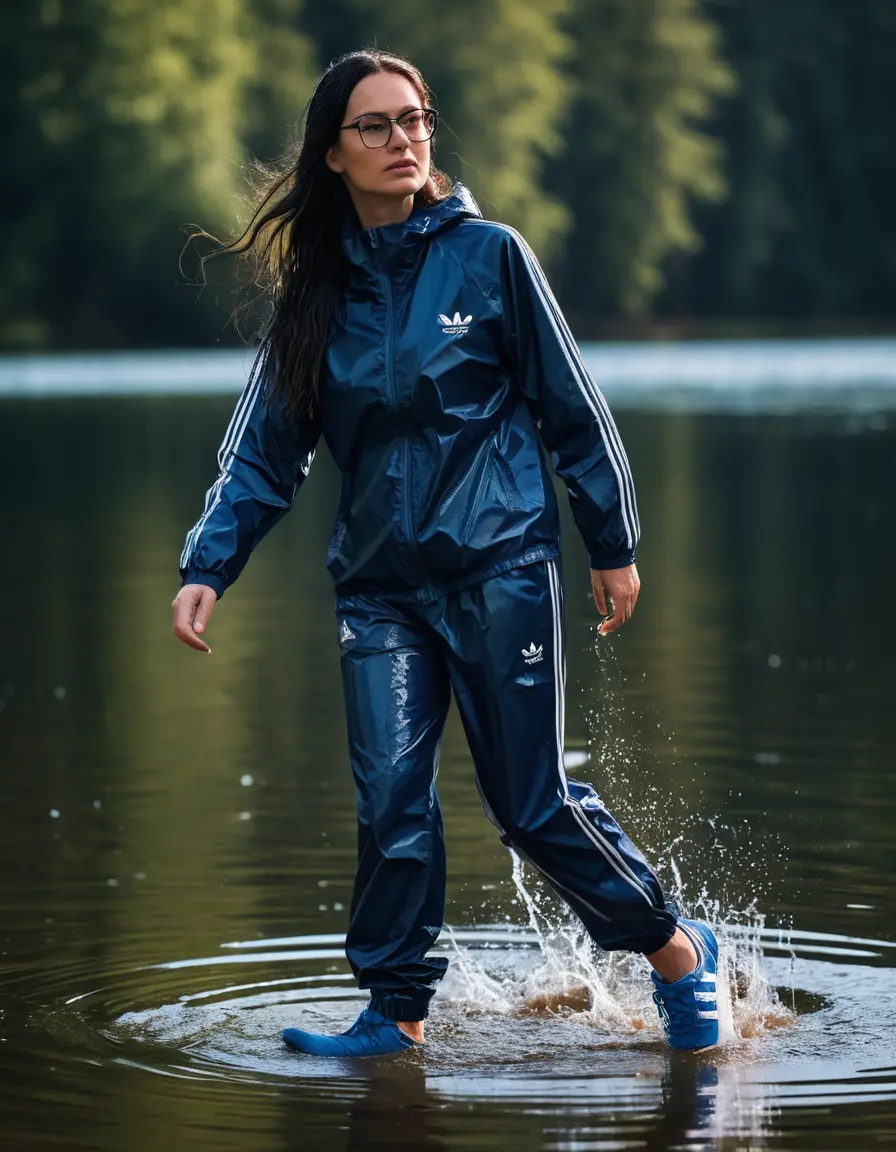 photo of young woman, in soaking wet, drenched clothes,
Sport shoes , long dark blue nylon adidas trousers, dark blue nylon adidas jacket with long sleeves, walking in Sunny Deep lake, 
enjoying, wet clothes stuck to body,
detailed textures of the wet clothes, wet face, wet plastered hair,
wet, drenched, professional, high-quality details, full body view.
sharp focus, ultra-high pixel detail, realistic, high-quality, full colors, incredibly detailed, 4k, 8k, 16k, hyper-realistic, RAW photo, masterpiece, ultra-detailed, professionally color graded, professional photograph, two women 51 years old, long black hair, very big and thick lips, office light glasses, complete body, open mouth