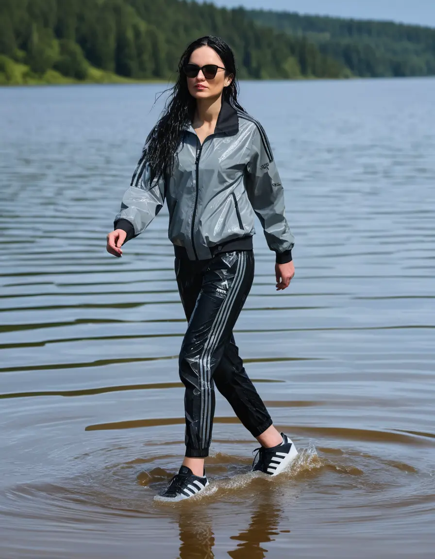 photo of young woman, in soaking wet, drenched clothes,
Sport shoes , long black nylon adidas trousers, gray nylon adidas jacket with long sleeves, walking in Sunny Deep lake, 
enjoying, wet clothes stuck to body,
detailed textures of the wet clothes, wet face, wet plastered hair,
wet, drenched, professional, high-quality details, full body view.
sharp focus, ultra-high pixel detail, realistic, high-quality, full colors, incredibly detailed, 4k, 8k, 16k, hyper-realistic, RAW photo, masterpiece, ultra-detailed, professionally color graded, professional photograph, woman 51 years old, long black hair, very big and thick lips, office light glasses, complete body, open mouth