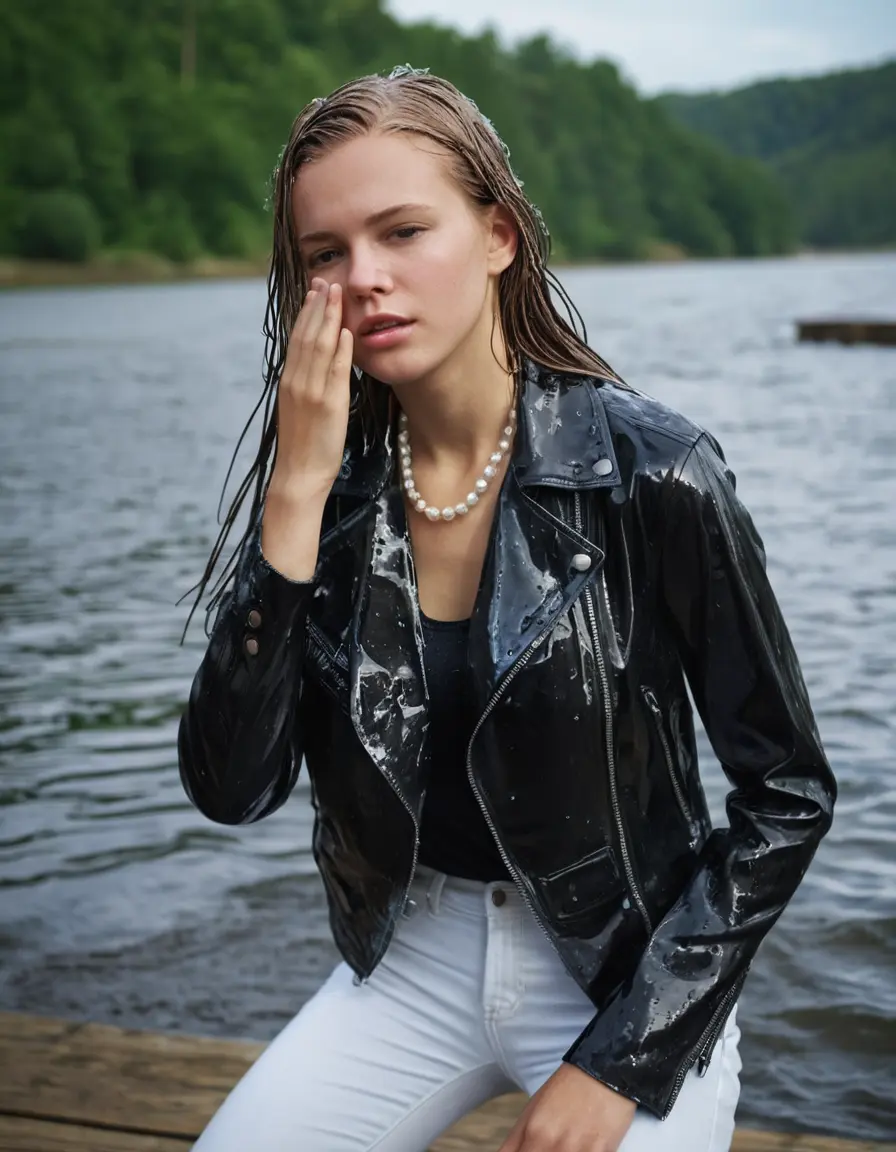 photo of young woman, in soaking wet, drenched clothes,
ankle boots, super skin tight white denim jeans, slim fit black biker leatherjacket,  tight sexy tshirt with wide necklace, handbag, pearl necklace, Fifteen years horny blonde teenage girl with her Friends holds her hand over her mouth and nose posing submerged for a picture on a dock, 
enjoying, wet clothes stuck to body,
detailed textures of the wet clothes, wet face, wet plastered hair,
wet, drenched, professional, high-quality details, full body view.
sharp focus, ultra-high pixel detail, realistic, high-quality, full colors, incredibly detailed, 4k, 8k, 16k, hyper-realistic, RAW photo, masterpiece, ultra-detailed, professionally color graded, professional photograph, Fifteen years old, completely soaked, completely dripping wet from head to toe, very wet clothes, sleek long straight hair, worried and embarrassed facial expression, slight yawn, moaning,  all girls wear different styles of clothes, she takes her handbag with her into the water, a lot of people stands in the background, close-up, view from above, highly realistic representation, ultra sharp focus, highly photorealistic detailed facial features and expressions, highly photorealistic hands, highly best quality, highly sharp photorealistic image, highly photorealistic details, highest photorealistic wet clothes, full UHD resolution, highest photorealistic sharpness of the image, 32 K