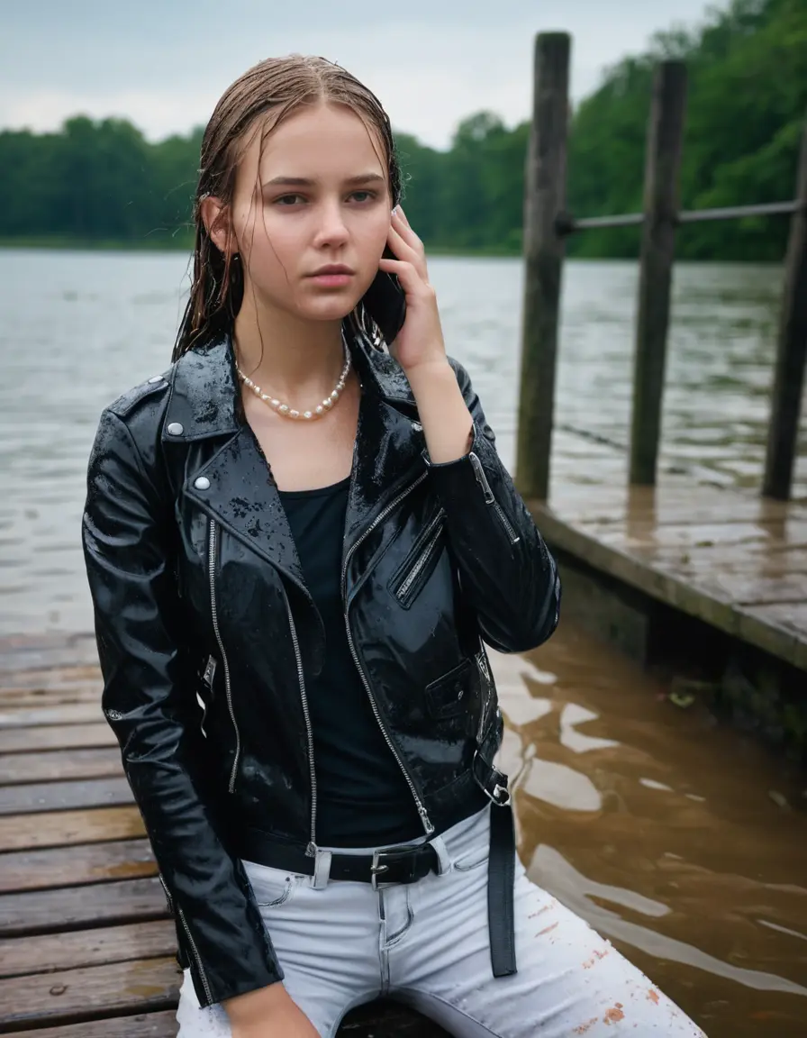 photo of young woman, in soaking wet, drenched clothes,
ankle boots, super skin tight white denim jeans, slim fit black biker leatherjacket,  tight sexy tshirt with wide necklace, handbag, pearl necklace, Fifteen years horny blonde teenage girl with her Friends holds her hand over her mouth and nose posing half submerged into water for a picture on a dock, 
enjoying, wet clothes stuck to body,
detailed textures of the wet clothes, wet face, wet plastered hair,
wet, drenched, professional, high-quality details, full body view.
sharp focus, ultra-high pixel detail, realistic, high-quality, full colors, incredibly detailed, 4k, 8k, 16k, hyper-realistic, RAW photo, masterpiece, ultra-detailed, professionally color graded, professional photograph, Fifteen years old, completely soaked, completely dripping wet from head to toe, very wet clothes, sleek long straight hair, worried and embarrassed facial expression, slight yawn, moaning,  all girls wear different styles of clothes, she takes her handbag with her into the water, a lot of people stands in the background, close-up, view from above, highly realistic representation, ultra sharp focus, highly photorealistic detailed facial features and expressions, highly photorealistic hands, highly best quality, highly sharp photorealistic image, highly photorealistic details, highest photorealistic wet clothes, full UHD resolution, highest photorealistic sharpness of the image, 32 K