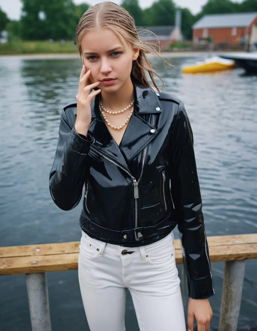 photo of young woman, in soaking wet, drenched clothes,
ankle boots, super skin tight white denim jeans, slim fit black biker leatherjacket,  tight sexy tshirt with wide necklace, handbag, pearl necklace, Fifteen years horny blonde teenage girl with her Friends holds her hand over her mouth and nose posing for a picture on a dock, 
enjoying, wet clothes stuck to body,
detailed textures of the wet clothes, wet face, wet plastered hair,
wet, drenched, professional, high-quality details, full body view.
sharp focus, ultra-high pixel detail, realistic, high-quality, full colors, incredibly detailed, 4k, 8k, 16k, hyper-realistic, RAW photo, masterpiece, ultra-detailed, professionally color graded, professional photograph, Fifteen years old, completely soaked, completely dripping wet from head to toe, very wet clothes, sleek long straight hair, worried and embarrassed facial expression, slight yawn, moaning,  all girls wear different styles of clothes, she takes her handbag with her into the water, a lot of people stands in the background, close-up, view from above, highly realistic representation, ultra sharp focus, highly photorealistic detailed facial features and expressions, highly photorealistic hands, highly best quality, highly sharp photorealistic image, highly photorealistic details, highest photorealistic wet clothes, full UHD resolution, highest photorealistic sharpness of the image, 32 K