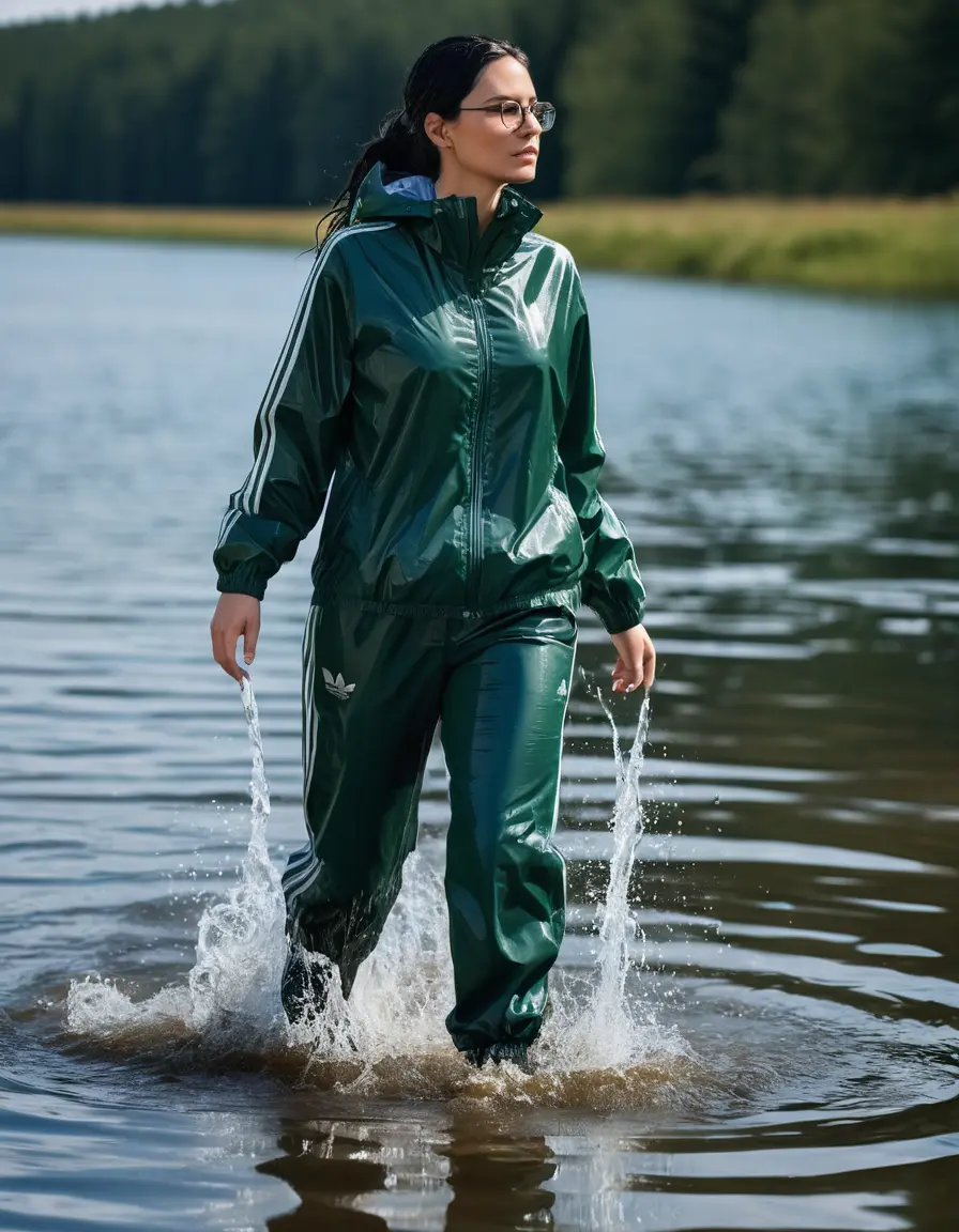 photo of young woman, in soaking wet, drenched clothes,
Sport shoes , long dark green nylon adidas trousers, dark blue green adidas jacket with long sleeves, walking in Sunny Deep lake, 
enjoying, wet clothes stuck to body,
detailed textures of the wet clothes, wet face, wet plastered hair,
wet, drenched, professional, high-quality details, full body view.
sharp focus, ultra-high pixel detail, realistic, high-quality, full colors, incredibly detailed, 4k, 8k, 16k, hyper-realistic, RAW photo, masterpiece, ultra-detailed, professionally color graded, professional photograph, woman 51 years old, long black hair, very big and thick lips, office light glasses, complete body, open mouth