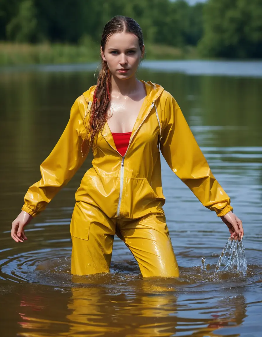 photo of young woman, in soaking wet, drenched clothes,
yellow wellies, long red shiny nylon rainpants, yellow thin nylon top sideboobs over bare breasts, wading in the lake, 
enjoying, wet clothes stuck to body,
detailed textures of the wet clothes, wet face, wet plastered hair,
wet, drenched, professional, high-quality details, full body view.
sharp focus, ultra-high pixel detail, realistic, high-quality, full colors, incredibly detailed, 4k, 8k, 16k, hyper-realistic, RAW photo, masterpiece, ultra-detailed, professionally color graded, professional photograph