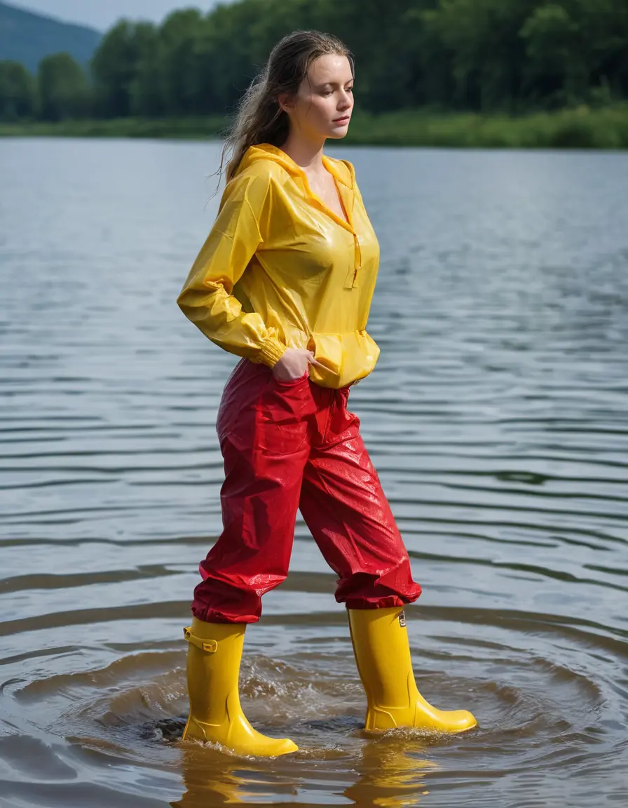 photo of young woman, in soaking wet, drenched clothes,
yellow wellies, long red shiny nylon rainpants, yellow thin nylon top sideboobs over bare breasts, wading in the lake, 
enjoying, wet clothes stuck to body,
detailed textures of the wet clothes, wet face, wet plastered hair,
wet, drenched, professional, high-quality details, full body view.
sharp focus, ultra-high pixel detail, realistic, high-quality, full colors, incredibly detailed, 4k, 8k, 16k, hyper-realistic, RAW photo, masterpiece, ultra-detailed, professionally color graded, professional photograph