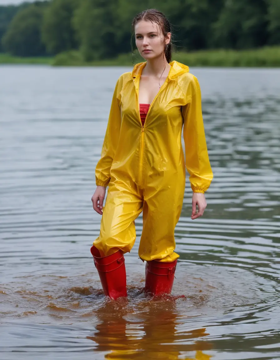 photo of young woman, in soaking wet, drenched clothes,
yellow wellies, long red shiny nylon rainpants, yellow thin nylon top sideboobs over bare breasts, wading in the lake, 
enjoying, wet clothes stuck to body,
detailed textures of the wet clothes, wet face, wet plastered hair,
wet, drenched, professional, high-quality details, full body view.
sharp focus, ultra-high pixel detail, realistic, high-quality, full colors, incredibly detailed, 4k, 8k, 16k, hyper-realistic, RAW photo, masterpiece, ultra-detailed, professionally color graded, professional photograph