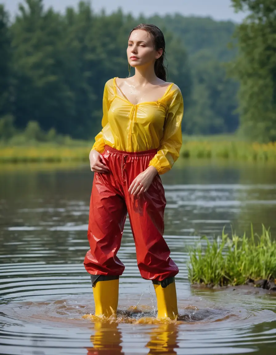 photo of young woman, in soaking wet, drenched clothes,
yellow wellies, long red shiny nylon rainpants, yellow thin nylon top sideboobs over bare breasts, wading in the lake, 
enjoying, wet clothes stuck to body,
detailed textures of the wet clothes, wet face, wet plastered hair,
wet, drenched, professional, high-quality details, full body view.
sharp focus, ultra-high pixel detail, realistic, high-quality, full colors, incredibly detailed, 4k, 8k, 16k, hyper-realistic, RAW photo, masterpiece, ultra-detailed, professionally color graded, professional photograph