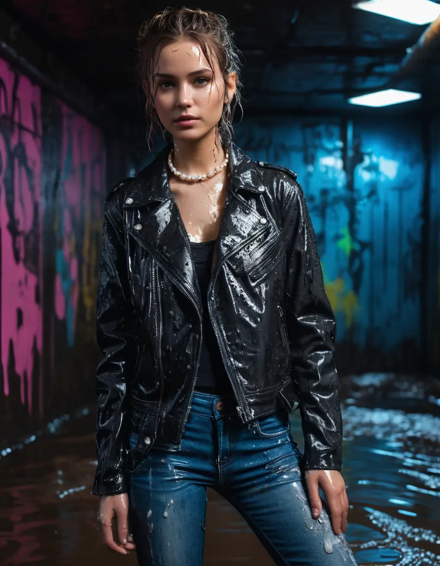 photo of young woman, in soaking wet, drenched clothes,
anime art style, slim fit jeans, slim fit biker leatherjacket, tight knit turtleneck sweater, pearl necklace, bracelet, earrings, silver rings, Muddy party in a dark muddy club. Mud splashed walls with mud-flooded floor. Dark mood lighting with pink and blue neon lights., 
enjoying, wet clothes stuck to body,
detailed textures of the wet clothes, wet face, wet plastered hair,
wet, drenched, professional, high-quality details, full body view.
sharp focus, ultra-high pixel detail, realistic, high-quality, full colors, incredibly detailed, 4k, 8k, 16k, hyper-realistic, RAW photo, masterpiece, ultra-detailed, professionally color graded, professional photograph