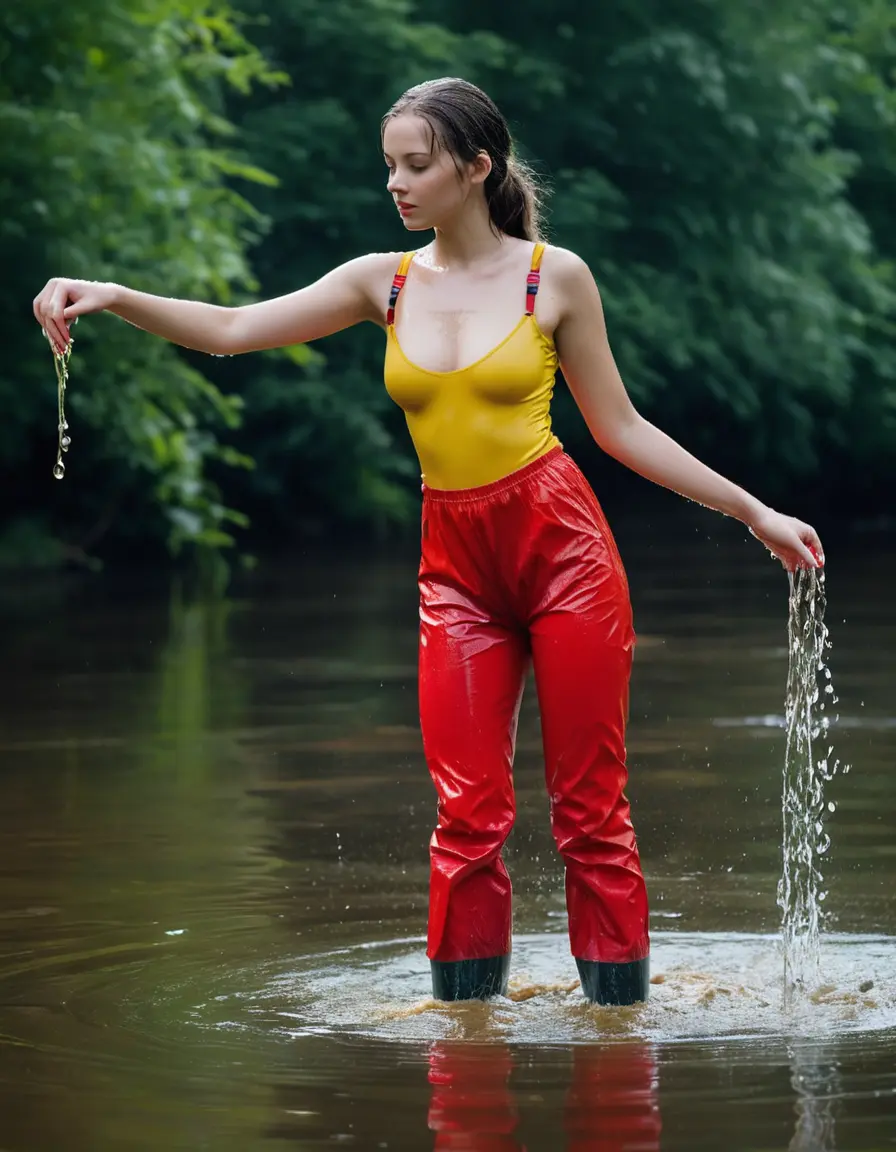 photo of young woman, in soaking wet, drenched clothes,
yellow wellies, long red shiny nylon rainpants, yellow thin nylon top sideboobs over bare breasts, wading in the lake, 
enjoying, wet clothes stuck to body,
detailed textures of the wet clothes, wet face, wet plastered hair,
wet, drenched, professional, high-quality details, full body view.
sharp focus, ultra-high pixel detail, realistic, high-quality, full colors, incredibly detailed, 4k, 8k, 16k, hyper-realistic, RAW photo, masterpiece, ultra-detailed, professionally color graded, professional photograph