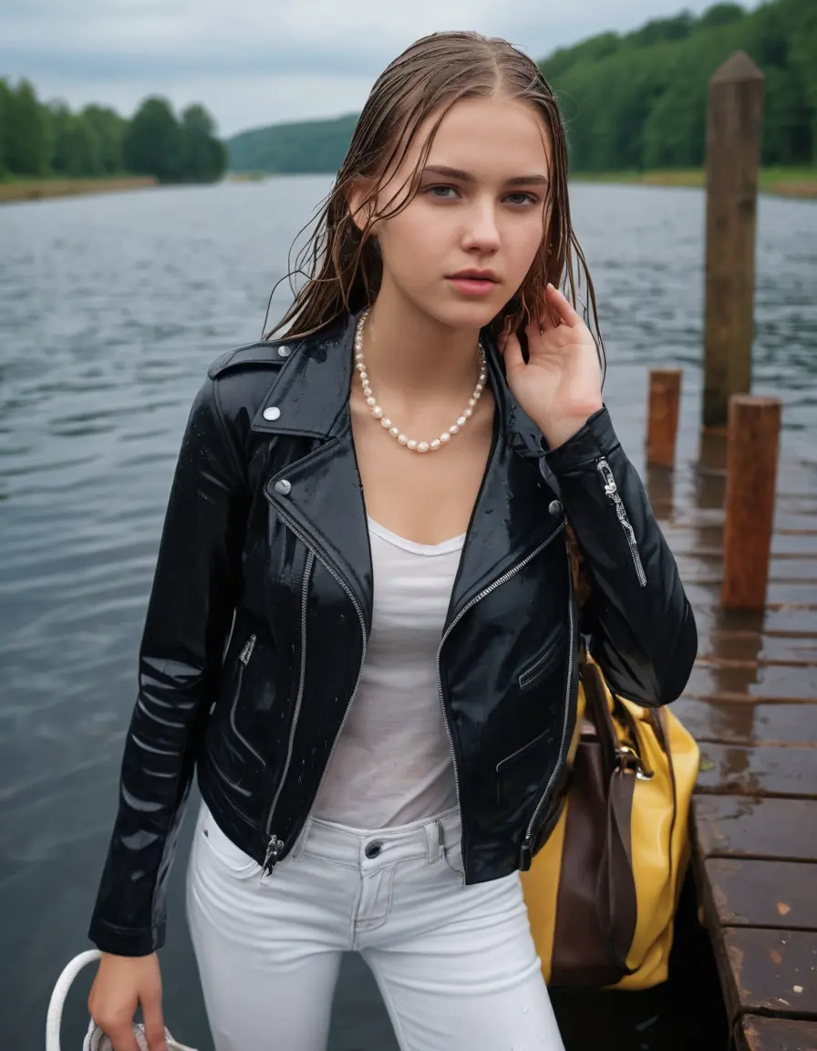 photo of young woman, in soaking wet, drenched clothes,
ankle boots, super skin tight white denim jeans, slim fit black biker leatherjacket,  tight sexy tshirt with wide necklace, handbag, pearl necklace, Fifteen years horny blonde teenage girl with her Friends holds her hand over her mouth and nose posing for a picture on a dock, 
enjoying, wet clothes stuck to body,
detailed textures of the wet clothes, wet face, wet plastered hair,
wet, drenched, professional, high-quality details, full body view.
sharp focus, ultra-high pixel detail, realistic, high-quality, full colors, incredibly detailed, 4k, 8k, 16k, hyper-realistic, RAW photo, masterpiece, ultra-detailed, professionally color graded, professional photograph, Fifteen years old, completely soaked, completely dripping wet from head to toe, very wet clothes, sleek long straight hair, worried and embarrassed facial expression, slight yawn, moaning,  all girls wear different styles of clothes, she takes her handbag with her into the water, a lot of people stands in the background, close-up, view from above, highly realistic representation, ultra sharp focus, highly photorealistic detailed facial features and expressions, highly photorealistic hands, highly best quality, highly sharp photorealistic image, highly photorealistic details, highest photorealistic wet clothes, full UHD resolution, highest photorealistic sharpness of the image, 32 K