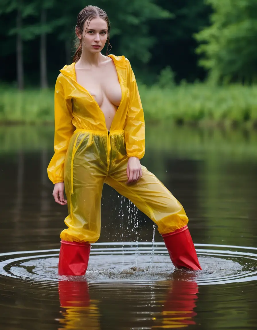 photo of young woman, in soaking wet, drenched clothes,
yellow wellies, long red shiny nylon rainpants, yellow thin nylon top sideboobs over bare breasts, wading in the lake, 
enjoying, wet clothes stuck to body,
detailed textures of the wet clothes, wet face, wet plastered hair,
wet, drenched, professional, high-quality details, full body view.
sharp focus, ultra-high pixel detail, realistic, high-quality, full colors, incredibly detailed, 4k, 8k, 16k, hyper-realistic, RAW photo, masterpiece, ultra-detailed, professionally color graded, professional photograph