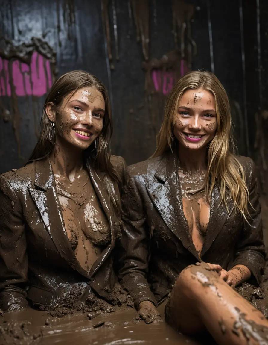 photo of young woman, in soaking wet, drenched clothes,
Muddy high heels, Long very muddy suit pants, Full muddy ruined fully-opened blazer like a fancy uniform over topless with exposed clean big boobs., Muddy party in a dark muddy indoor club. Mud splashed walls with mud-flooded floor. Dark mood lighting with pink and blue neon lights. Muddy furnitures and mud-covered chairs and sofas in the background., 
enjoying, wet clothes stuck to body,
detailed textures of the wet clothes, wet face, wet plastered hair,
wet, drenched, professional, high-quality details, full body view.
sharp focus, ultra-high pixel detail, realistic, high-quality, full colors, incredibly detailed, 4k, 8k, 16k, hyper-realistic, RAW photo, masterpiece, ultra-detailed, professionally color graded, professional photograph, Two young pretty cute innocent blonde teen 16 years old beautiful girls are sitting in a deep muddy pool while they are hugging each other. They are wearing their fully and heavily mud-covered opened suits. Thick mud on their blazers. Every small details of the clothes are muddy, but their faces, their chests and their boobs are clean for the photo. Their blazer has the same colour as their muddy pants. They are proudly wearing their expensive open blazers. The classy elegant room is totally destroyed by mud, deep liquid mud on the bed, on the floor, mud spots everywhere, mud flows down on the walls, muddy pillows, muddy bedsheets. Straight very long open wavy hairstyle, muddy hair, smiling and beautiful clean faces, blue eyes, earrings, lipstick. The girls are enjoying to being total muddy on the bed, being sexy, naughty while they are enjoying the muddy fetish party. Realistic boobs and photorealistic detailed smiling facial expressions. Intimate close-up picture about the women from above. Close-up photo, highly realistic representation, ultra sharp focus, highly photorealistic detailed textures, highly photorealistic detailed facial features and expressions, highly photorealistic hands, highly emotional reactions, highly best quality, highly sharp photorealistic image, highly photorealistic details, full UHD resolution, 32 K, very high level of detail and image sharpness, zoomed in