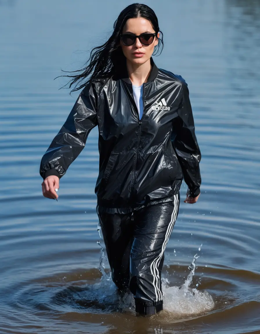 photo of young woman, in soaking wet, drenched clothes,
Sport shoes , long black nylon adidas trousers, black nylon adidas jacket with long sleeves, walking in Sunny Deep lake, 
enjoying, wet clothes stuck to body,
detailed textures of the wet clothes, wet face, wet plastered hair,
wet, drenched, professional, high-quality details, full body view.
sharp focus, ultra-high pixel detail, realistic, high-quality, full colors, incredibly detailed, 4k, 8k, 16k, hyper-realistic, RAW photo, masterpiece, ultra-detailed, professionally color graded, professional photograph, woman 51 years old, long black hair, very big and thick lips, office light glasses, complete body, open mouth