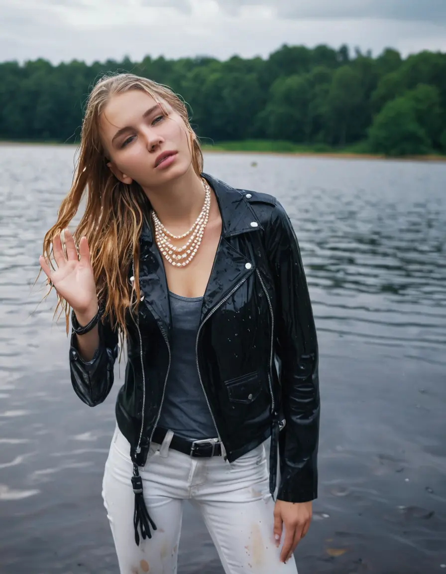 photo of young woman, in soaking wet, drenched clothes,
ankle boots, super skin tight white denim jeans, slim fit black biker leatherjacket,  tight sexy tshirt with wide necklace, handbag, pearl necklace, Fifteen years horny blonde teenage girl with her Friends holds her hand over her mouth and nose posing half submerged into water for a picture on a dock, 
enjoying, wet clothes stuck to body,
detailed textures of the wet clothes, wet face, wet plastered hair,
wet, drenched, professional, high-quality details, full body view.
sharp focus, ultra-high pixel detail, realistic, high-quality, full colors, incredibly detailed, 4k, 8k, 16k, hyper-realistic, RAW photo, masterpiece, ultra-detailed, professionally color graded, professional photograph, Fifteen years old, completely soaked, completely dripping wet from head to toe, very wet clothes, sleek long straight hair, worried and embarrassed facial expression, slight yawn, moaning,  all girls wear different styles of clothes, she takes her handbag with her into the water, a lot of people stands in the background, close-up, view from above, highly realistic representation, ultra sharp focus, highly photorealistic detailed facial features and expressions, highly photorealistic hands, highly best quality, highly sharp photorealistic image, highly photorealistic details, highest photorealistic wet clothes, full UHD resolution, highest photorealistic sharpness of the image, 32 K
